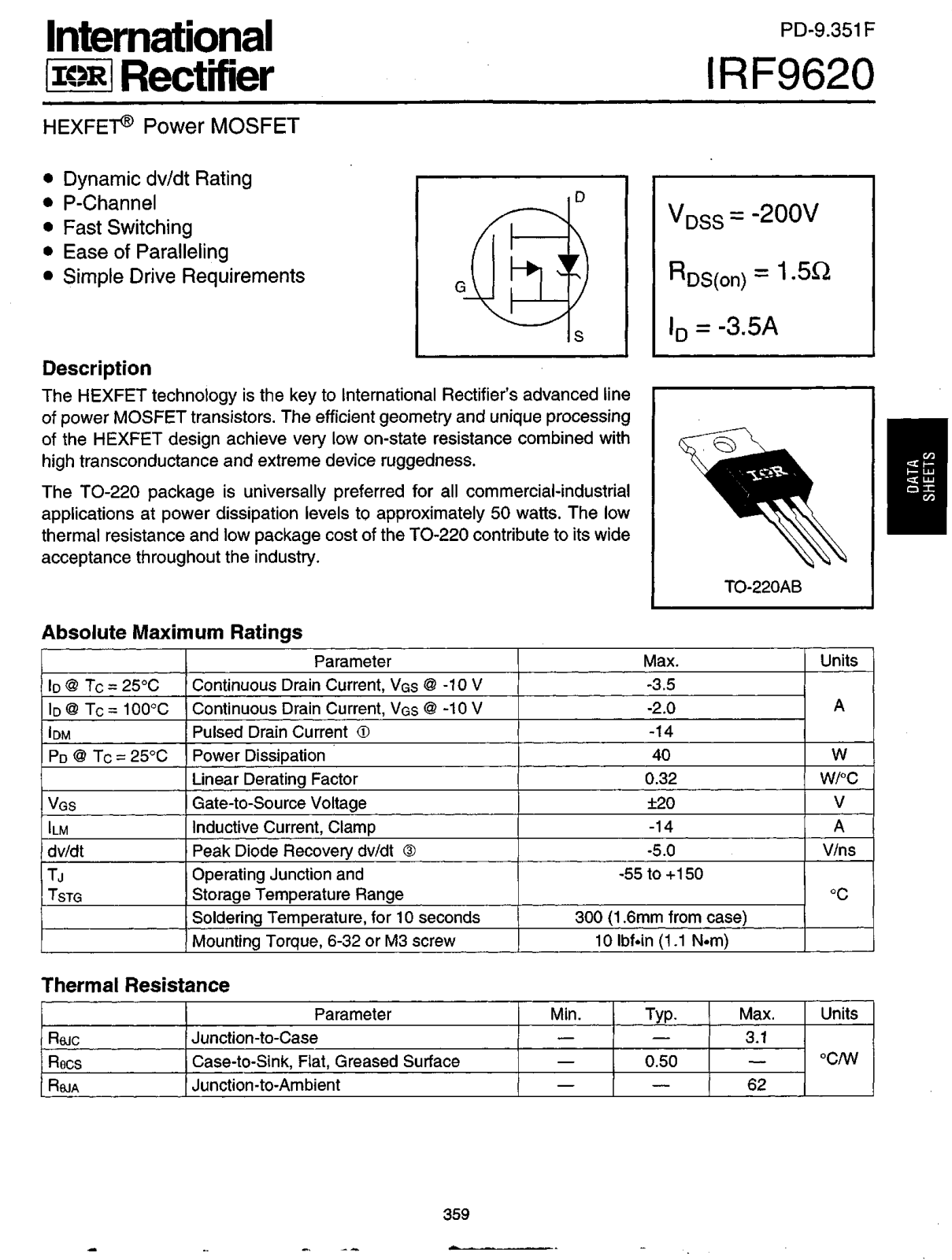 International Rectifier IRF9620 Datasheet