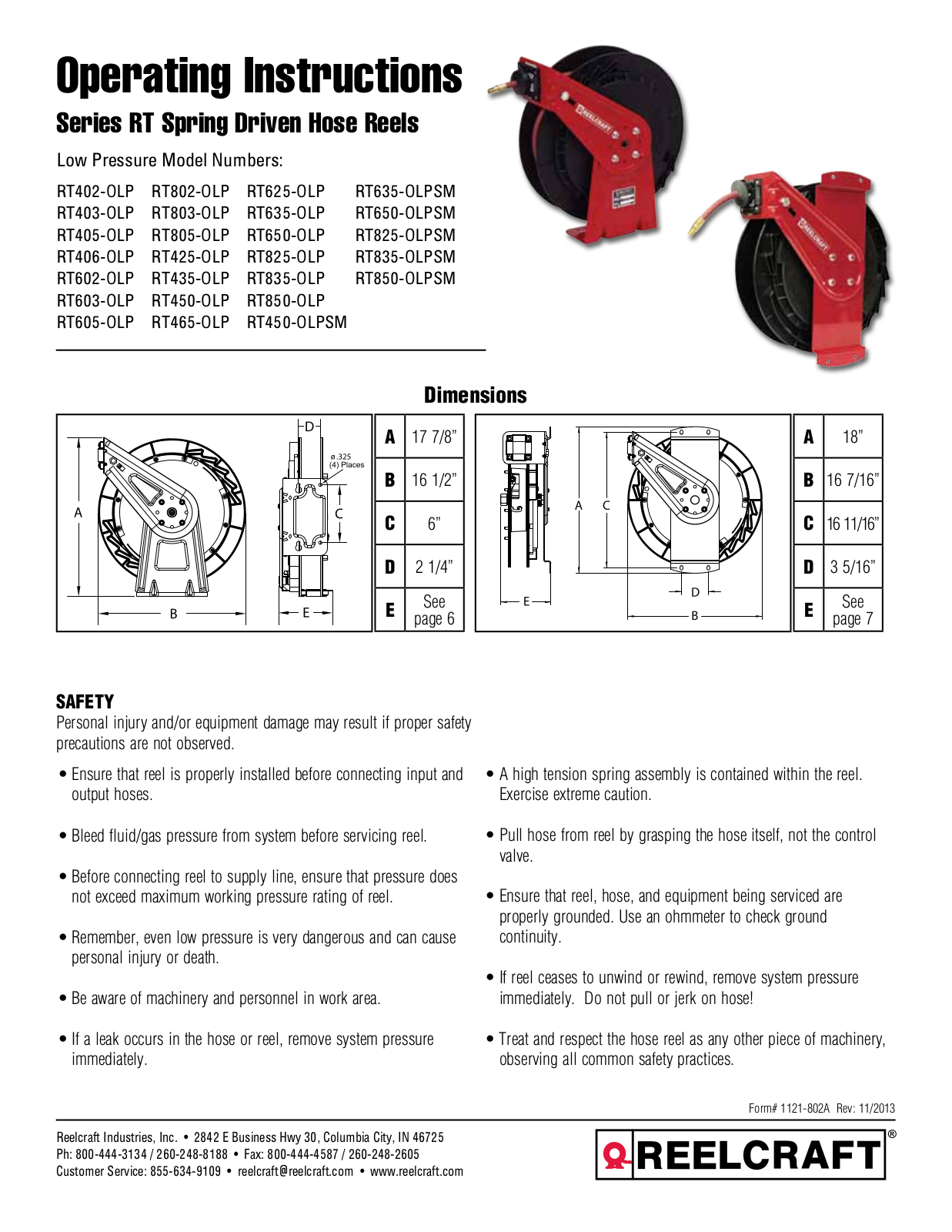 Reelcraft Spring Driven Hose Reels User Manual