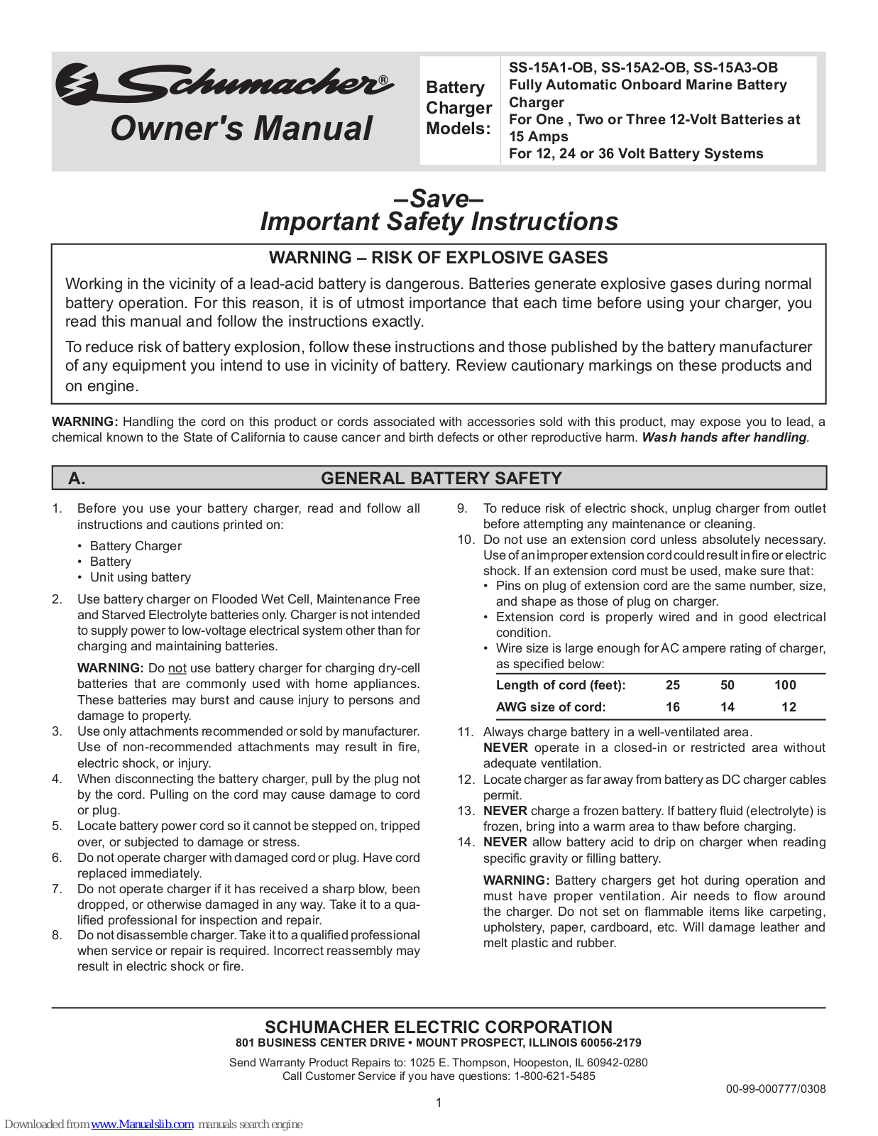 Schumacher SS-15A1-OB,SS-15A3-OB,SS-15A2-OB Owner's Manual