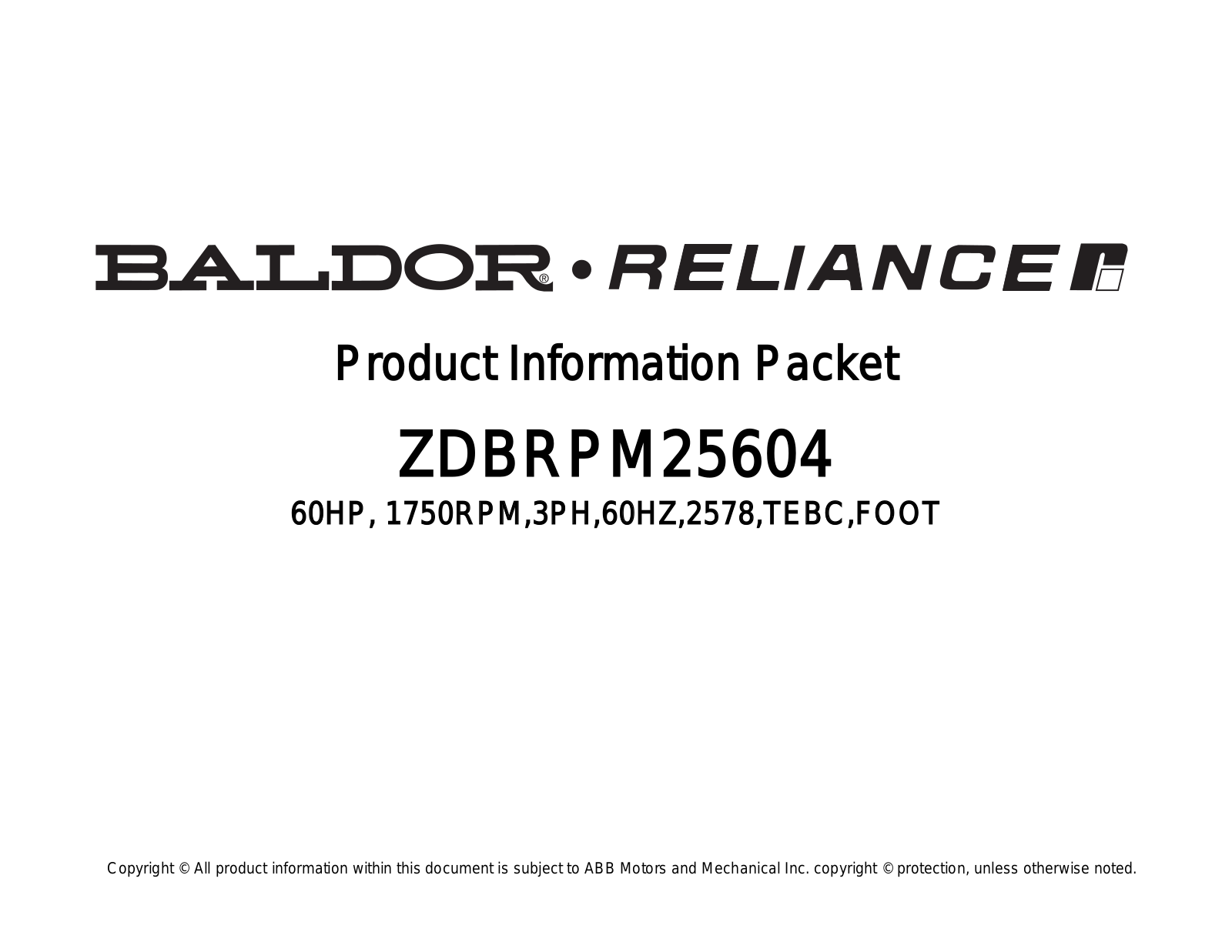 Baldor ZDBRPM25604 Product Information Sheet