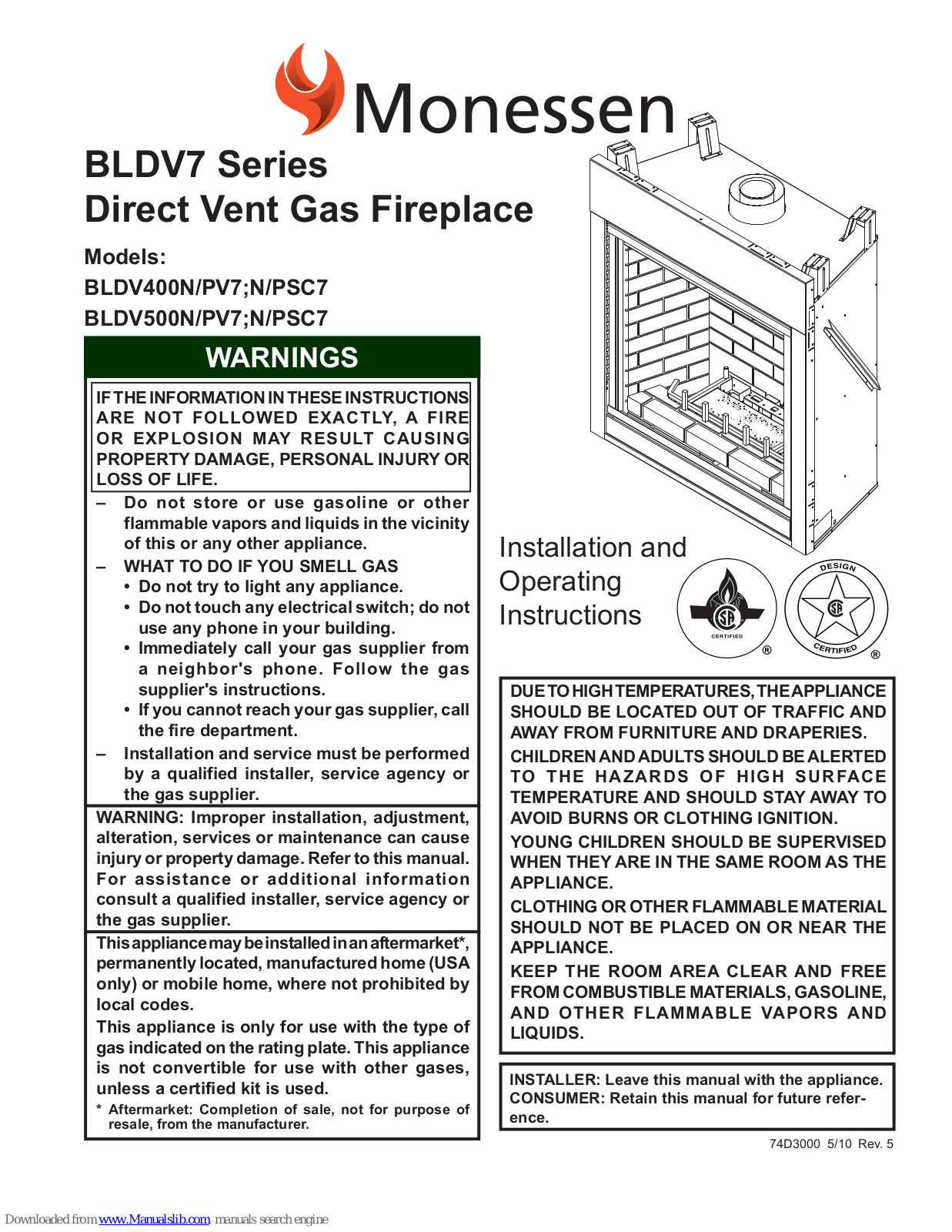 Monessen BLDV400NV7, BLDV400PV7, BLDV400NSC7, BLDV400PSC7, BLDV500NV7 Installation And Operating Instructions Manual