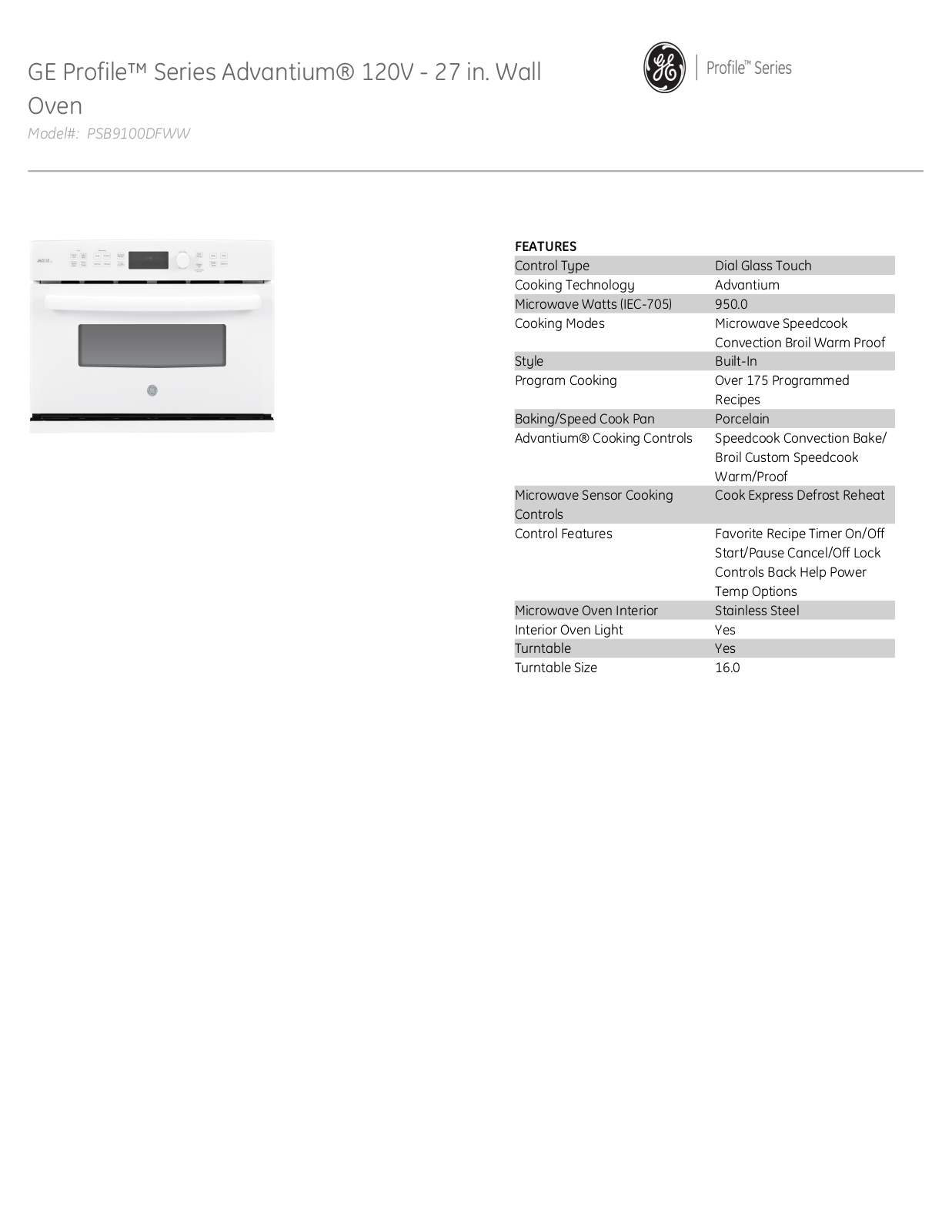 GE PSB9100DFWW Specification Sheet