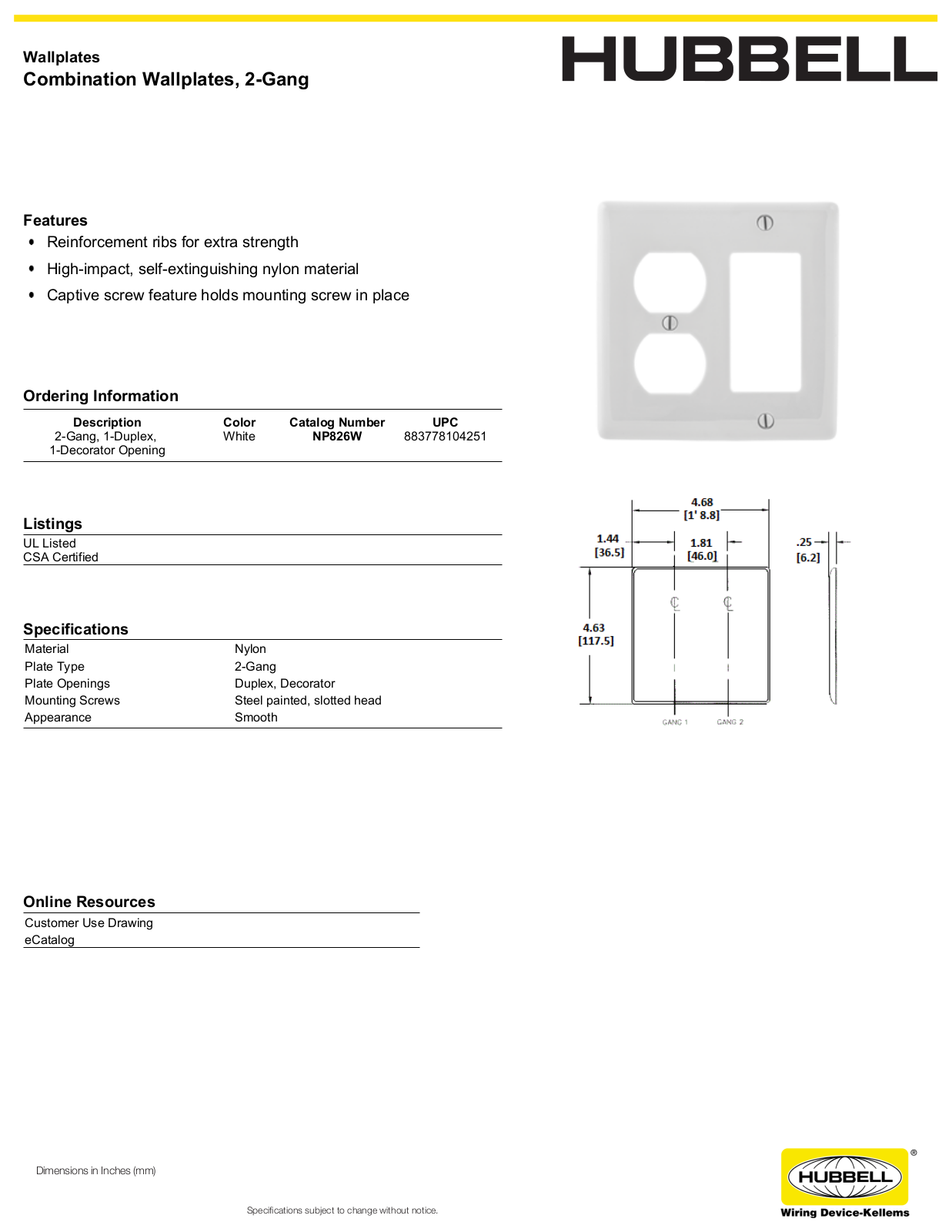 Hubbell NP826W Specifications