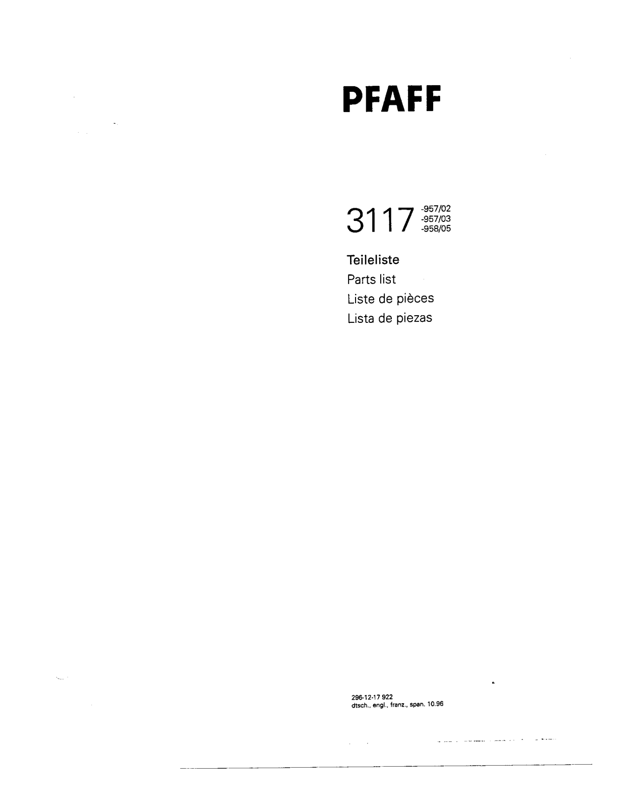 Pfaff 3117-957/02, 3117-957/03, 3117-958/05 Parts List