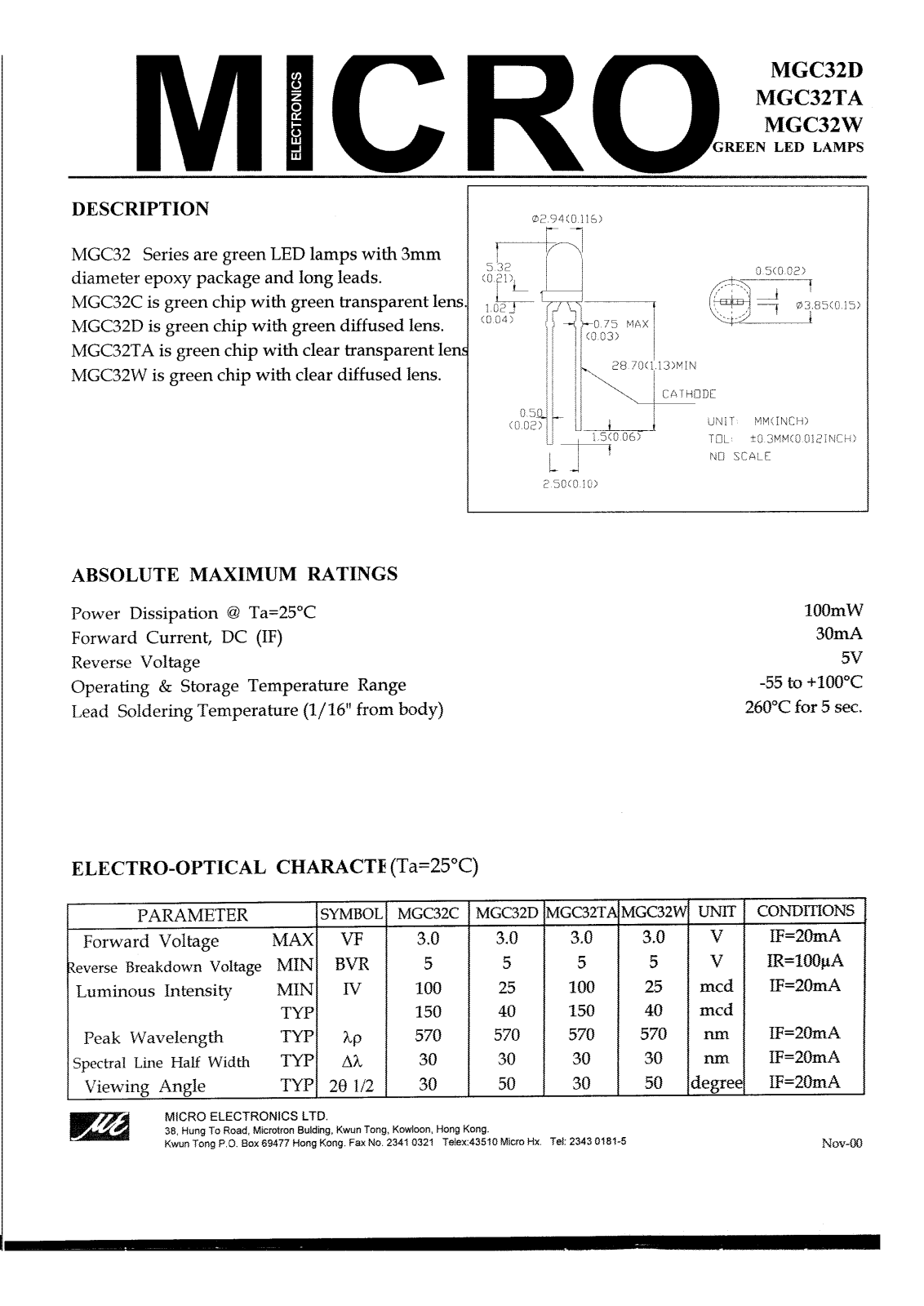 MICRO MGC32W, MGC32D, MGC32C, MGC32TA Datasheet