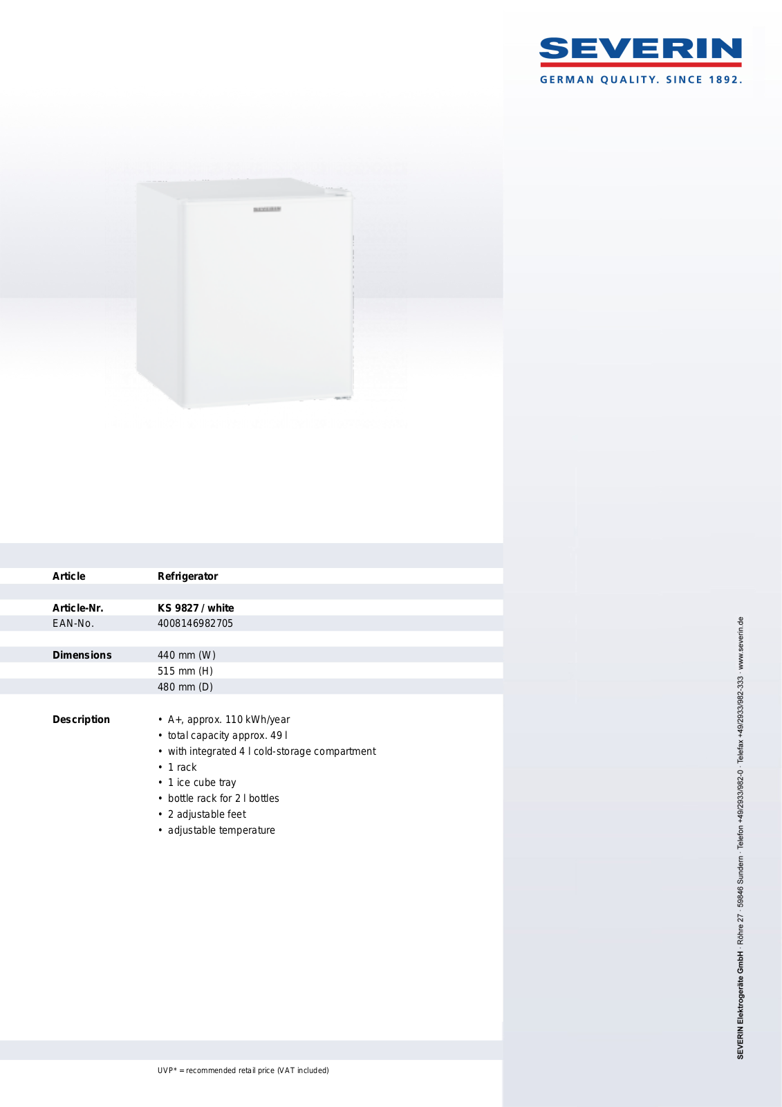 Severin KS 9827, REFRIGERATOR User Manual