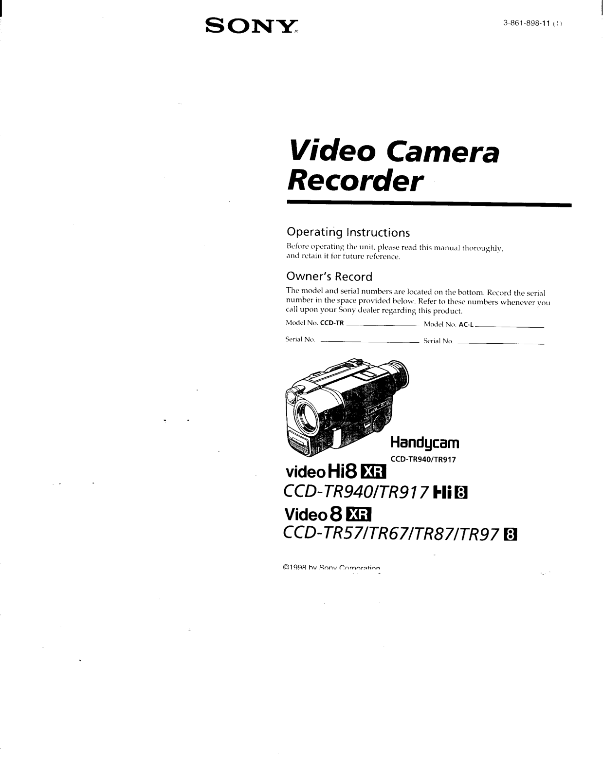 Sony CCD-TR57, CCD-TR67, CCD-TR917, CCD-TR940 Operating Instruction