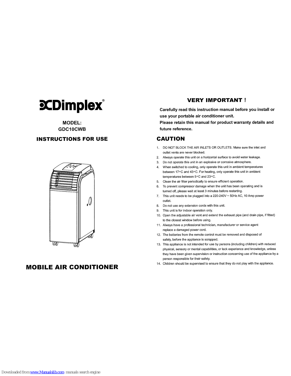 Dimplex GDC10CWB Instruction Manual