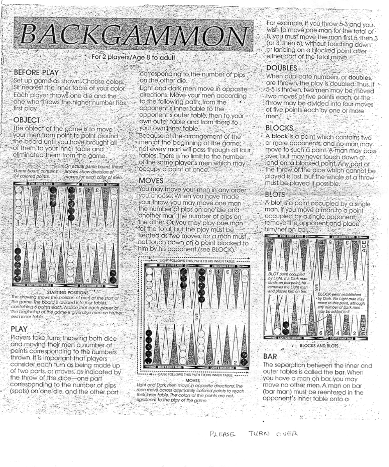 HASBRO Backgammon 1974 User Manual