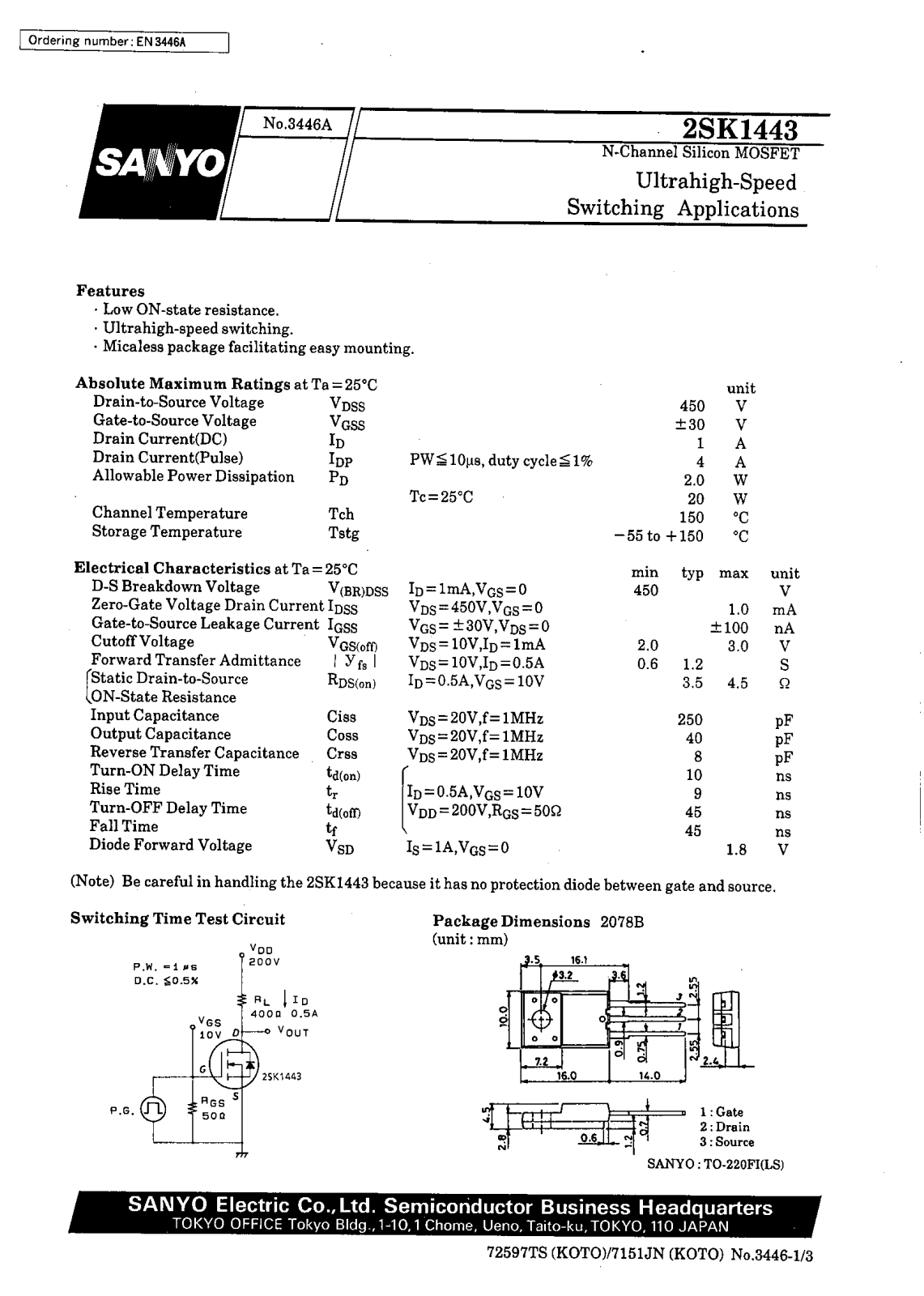 SANYO 2SK1443 Datasheet