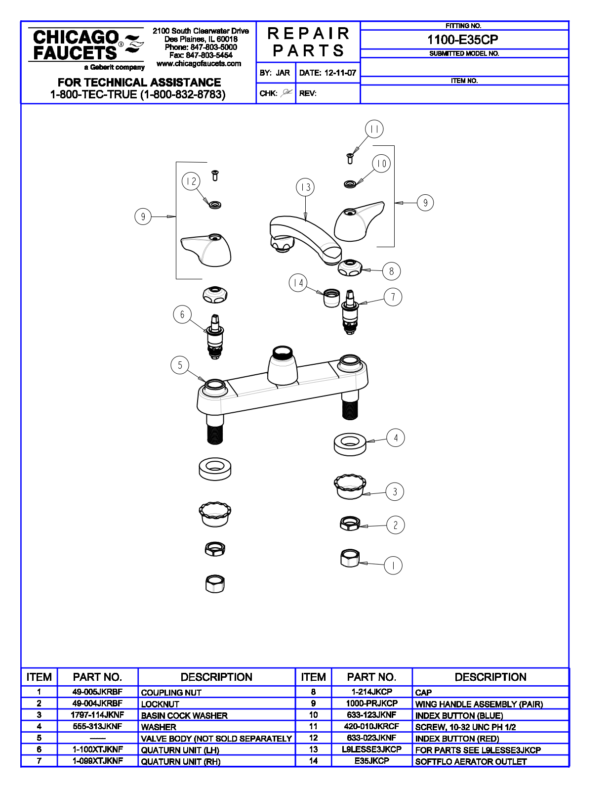 Chicago Faucet 1100-E35CP Parts List