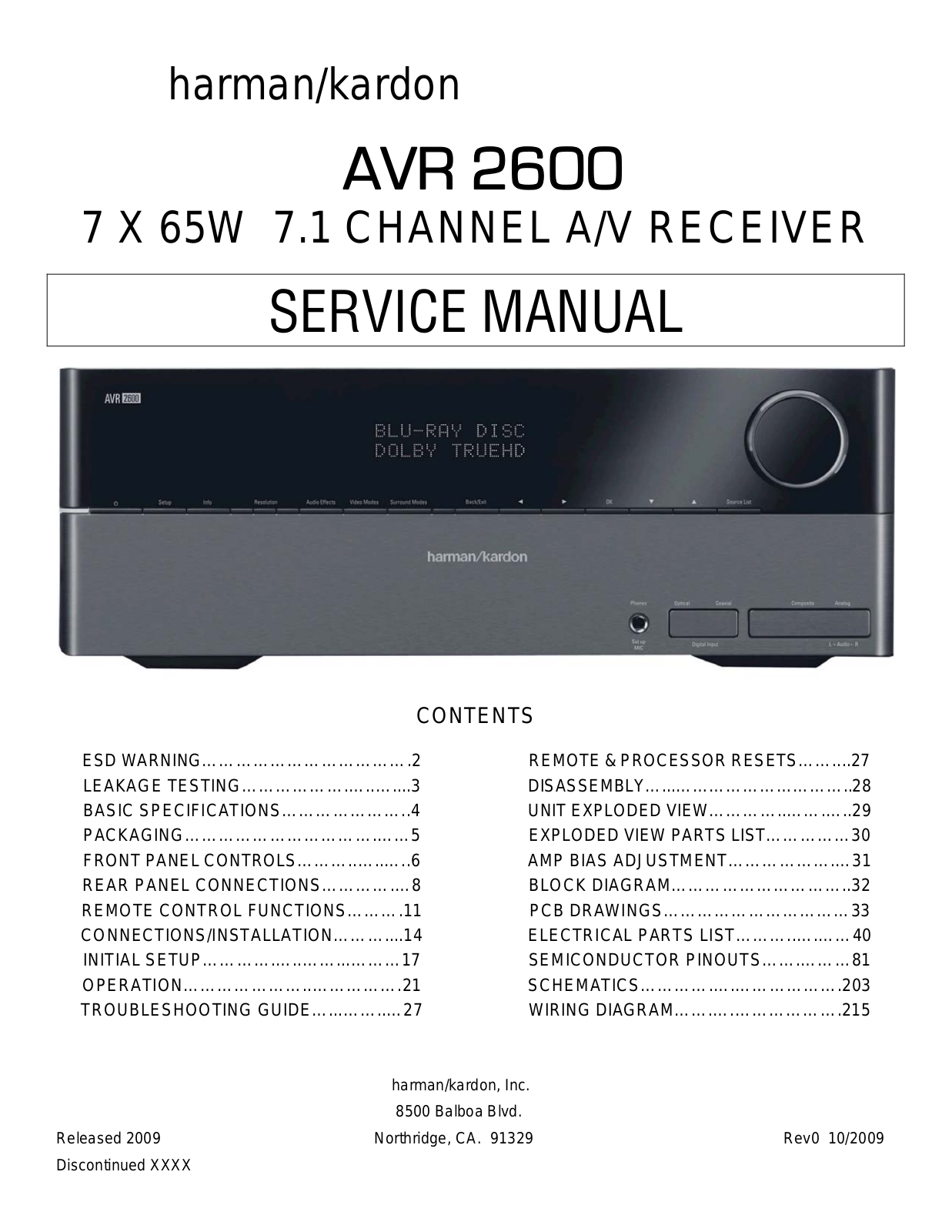 Harman Kardon AVR-2600 Service Manual