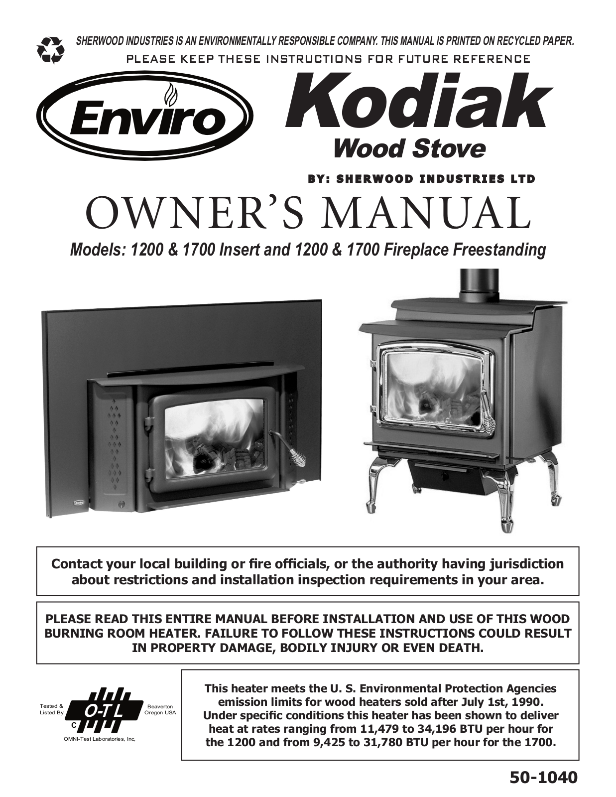 Enviro Kodiak 1700 Insert, Kodiak 1700 Fireplace Freestanding, Kodiak 1200 Insert, C-11116, Kodiak 1200 Fireplace Freestanding User Manual