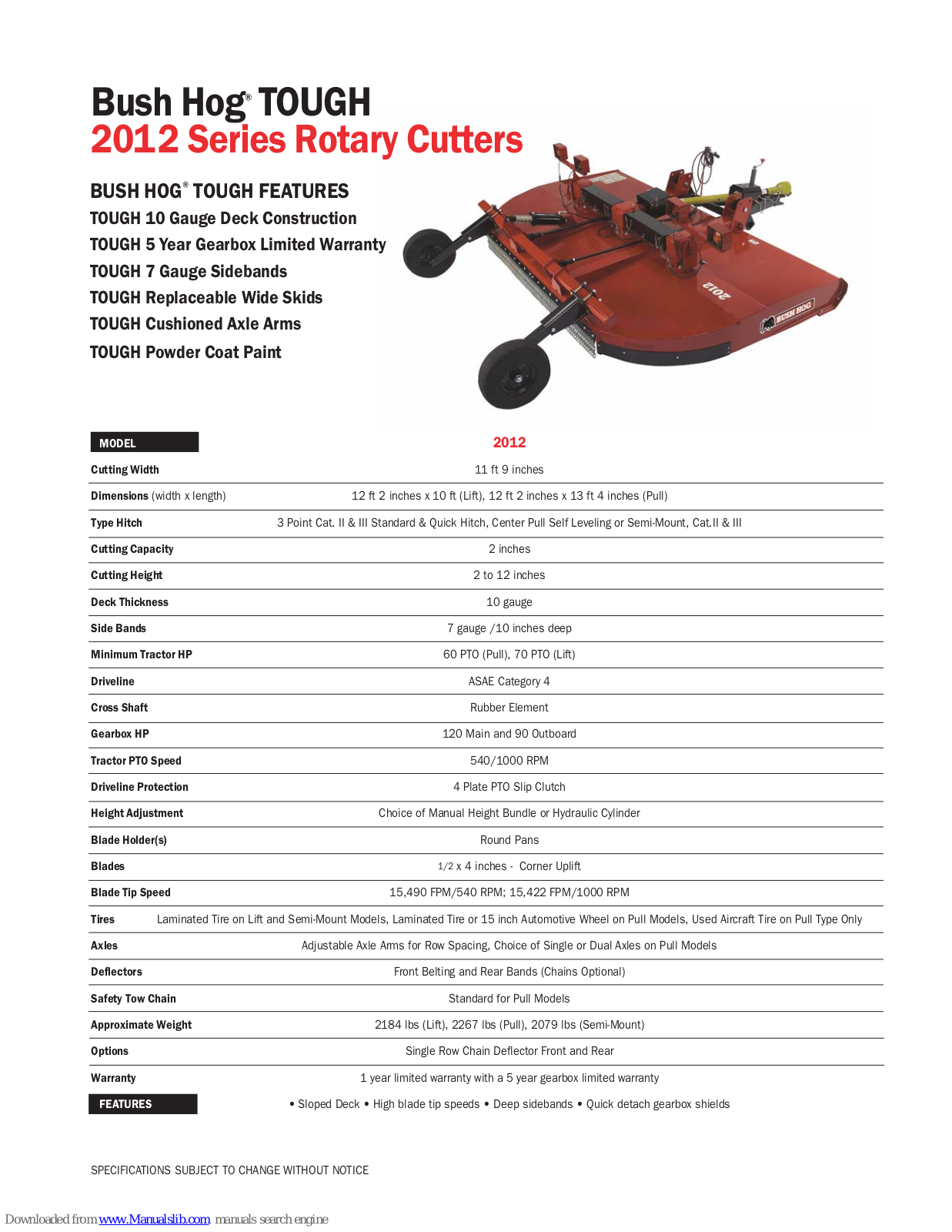 Bush Hog TOUGH 2012 Specification Sheet