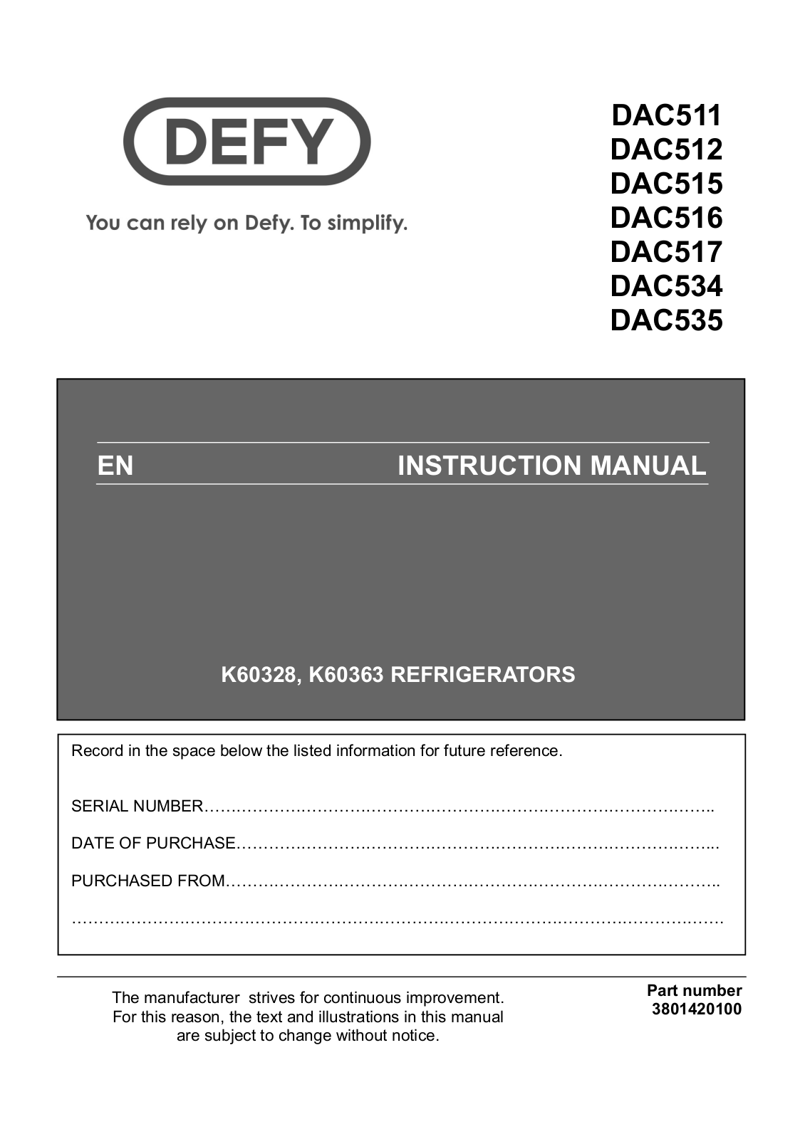 Defy DAC517, DAC534, DAC535, DAC511, DAC516 User Manual