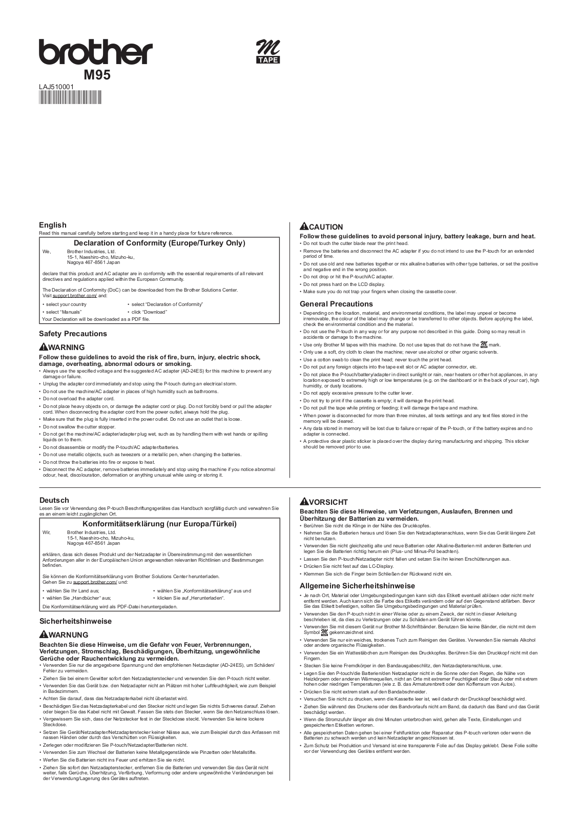 Brother PT-M95 Safety Guide