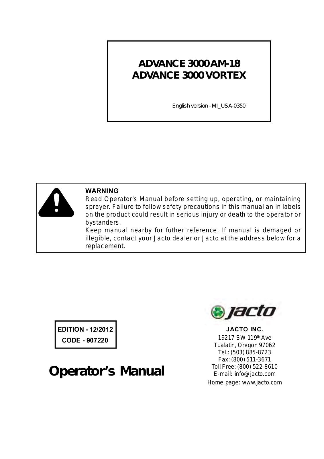 Jacto ADVANCE 3000 AM-18, ADVANCE 3000 VORTEX Operator's Manual - ManualMachine.com
