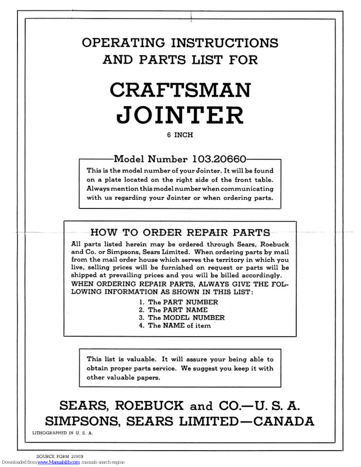 Craftsman 103.20660 Operating & Parts Manual