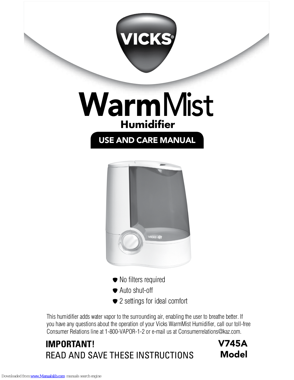 Vicks WarmMist V745A Use And Care Manual