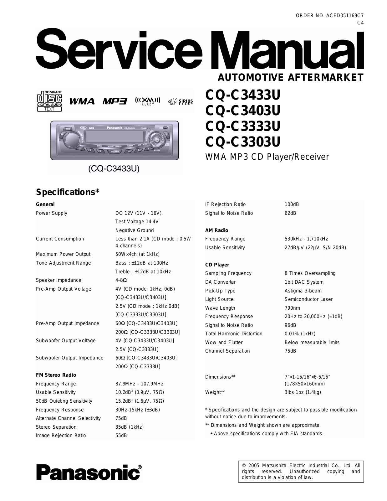 Panasonic CQC-3303-U, CQC-3333-U, CQC-3403-U, CQC-3433-U Service manual