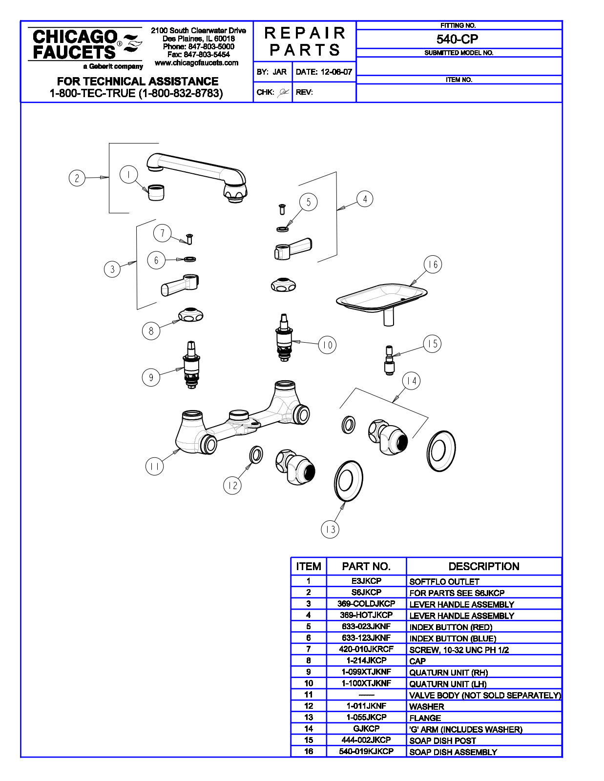 Chicago Faucet 540 Parts List