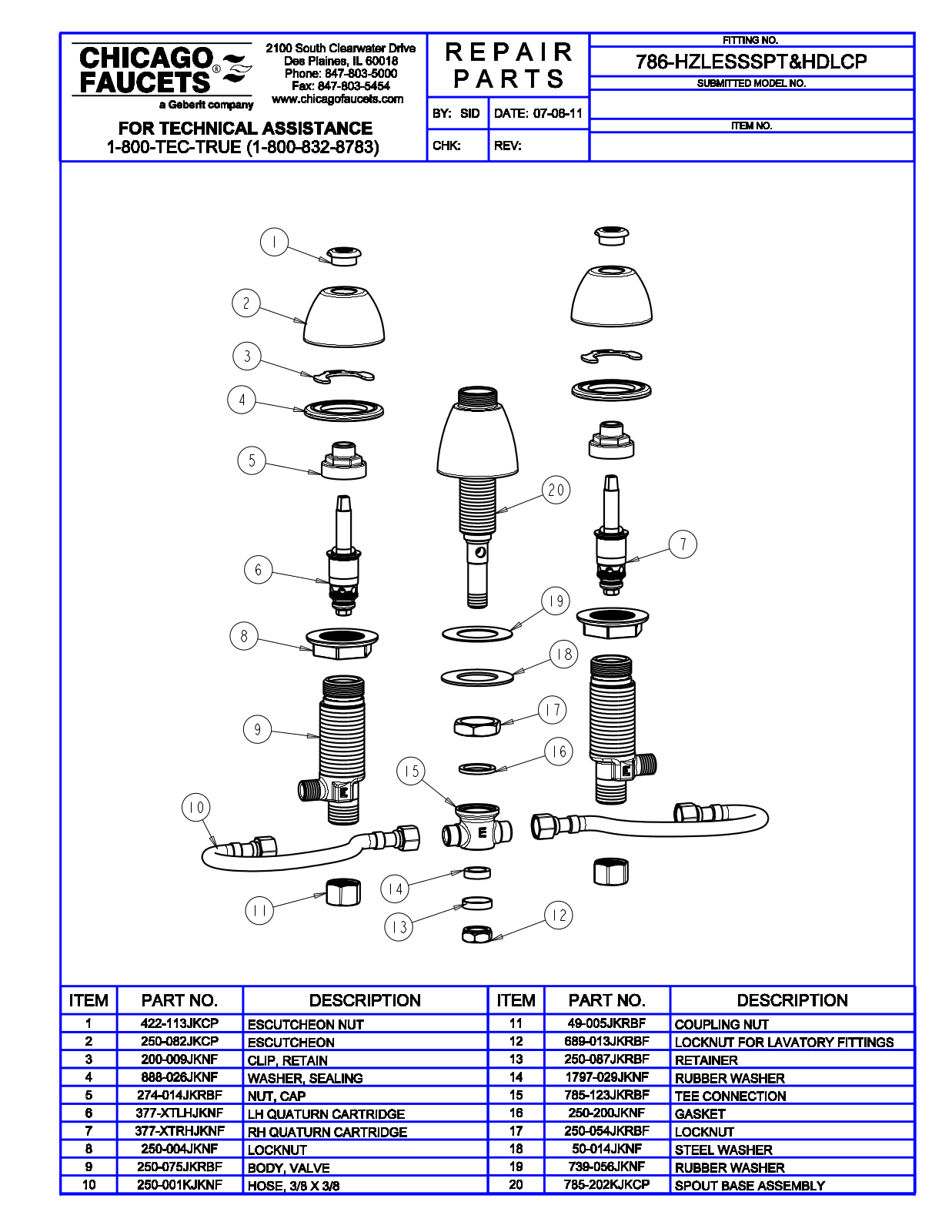 Chicago Faucet 786-HZLESSSPT Parts List