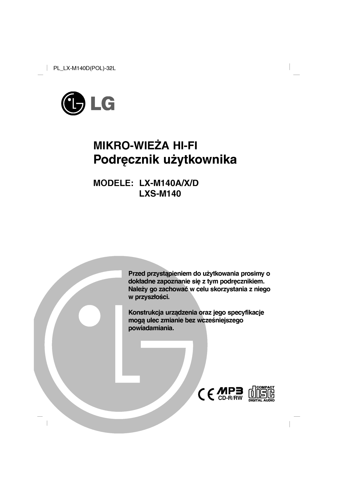 Lg LX-M140A, LX-M140X, LX-M140D, LXS-M140 user Manual