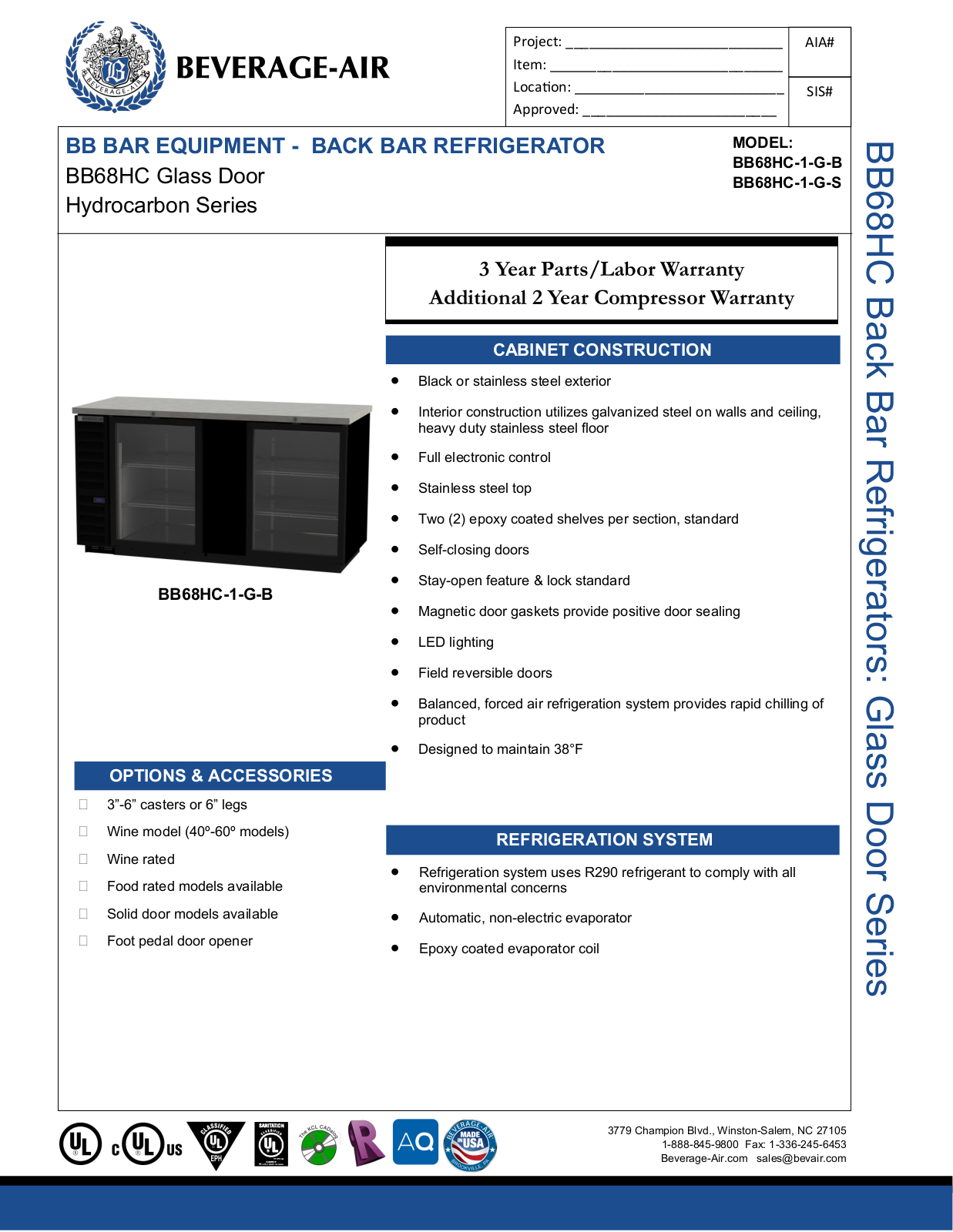 Beverage-Air BB68HC1FGB, BB68HC1GB, BB68HC1GS Specifications