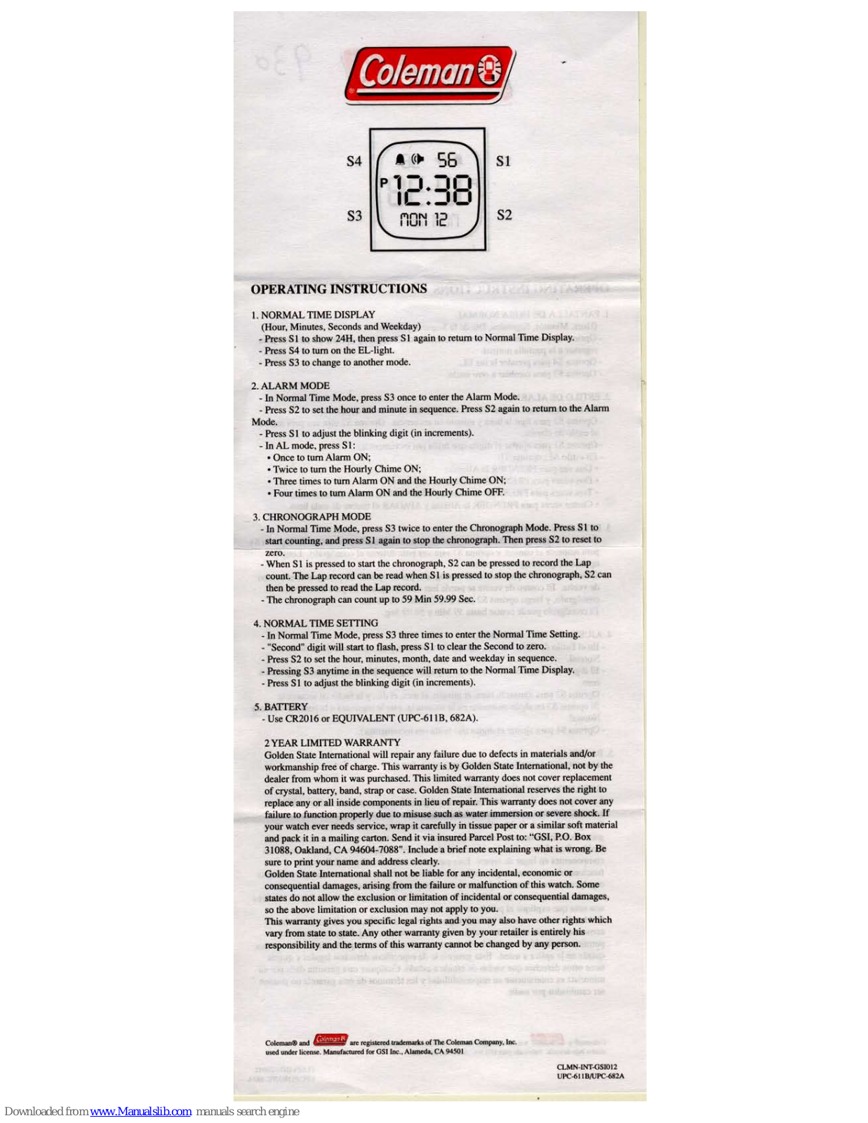 Coleman 40-927 Operating Instructions Manual