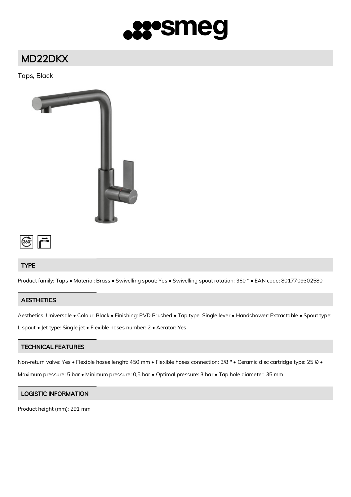 Smeg MD22DKX Technical sheet