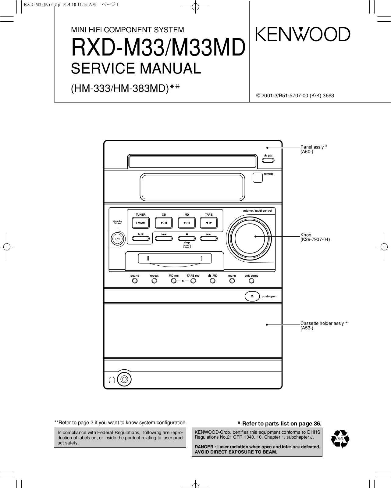 Kenwood RX-DM33-MD, HM-383-MD, HM-333 Service Manual