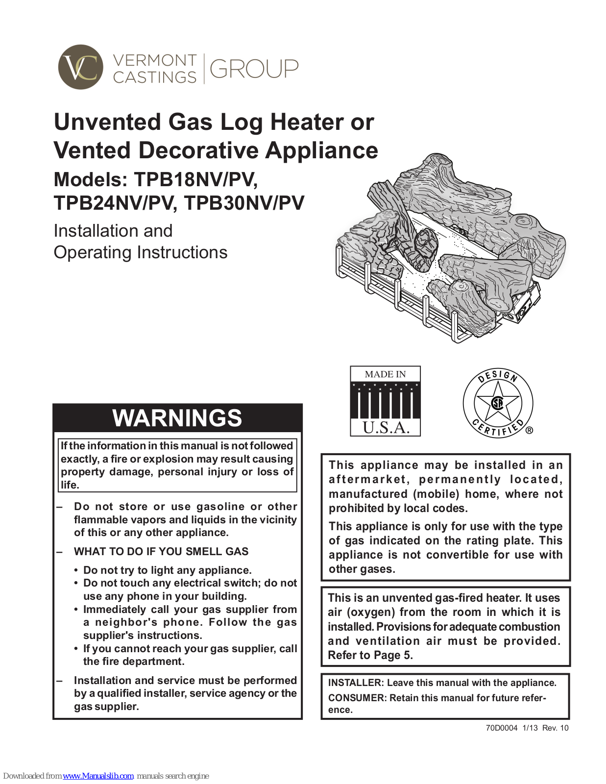 Vermont Castings TPB18NV, TPB30NV, TPB18PV, TPB30PV, TPB24NV Installation And Operating Instructions Manual