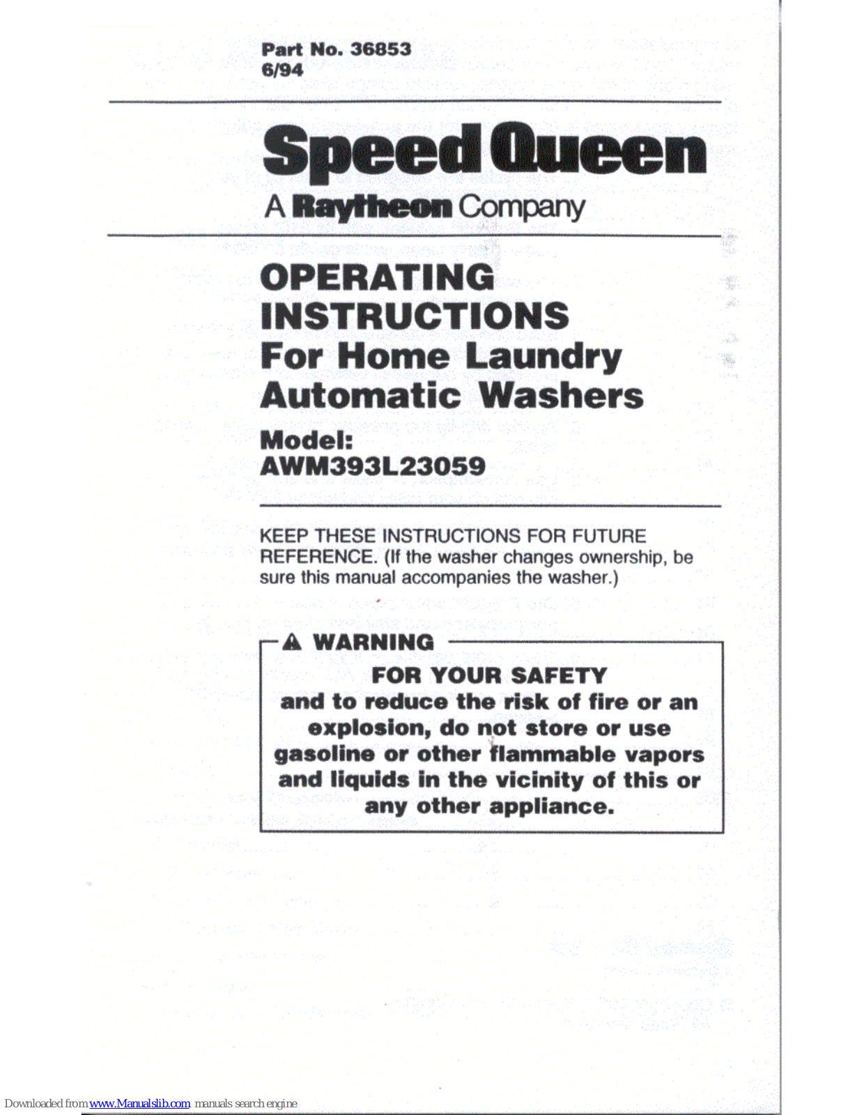 Speed Queen AWM393L23059 Operating Instructions Manual