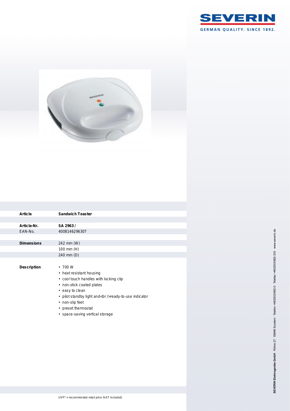 Severin SA 2963, SANDWICH TOASTER User Manual