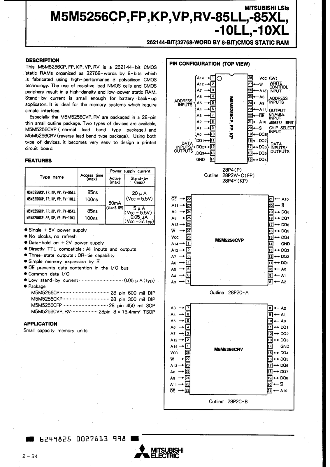 Mitsubishi M5M5256CRV-100LX, M5M5256CRV-100LL, M5M5256CP-85LX, M5M5256CP-85LL, M5M5256CVP-10LX Datasheet