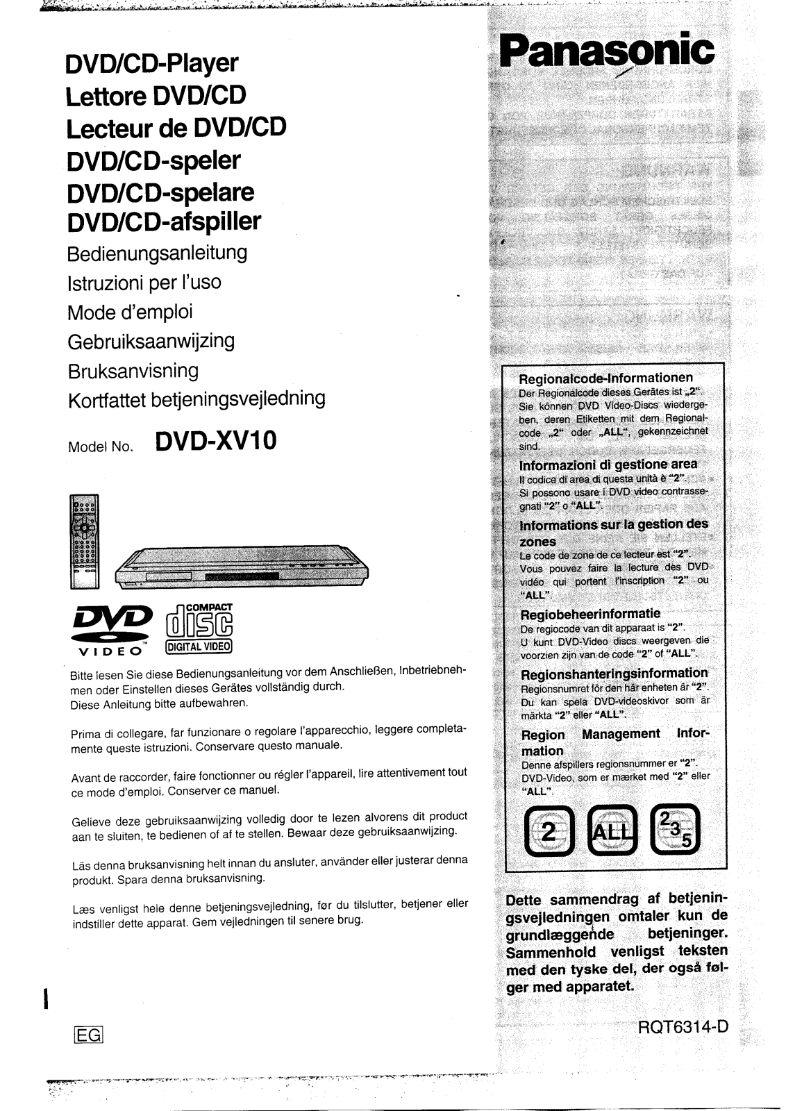 PANASONIC DVD-XV10EG User Manual