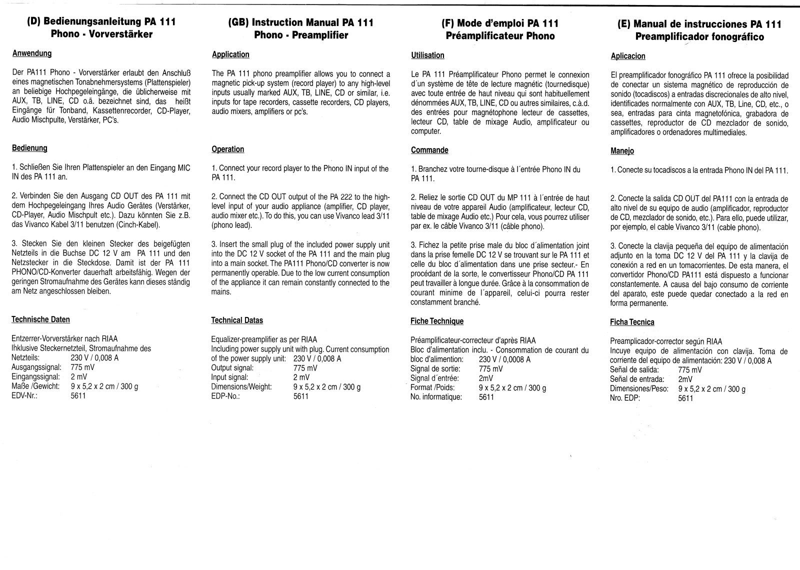 VIVANCO PA 111 User Manual