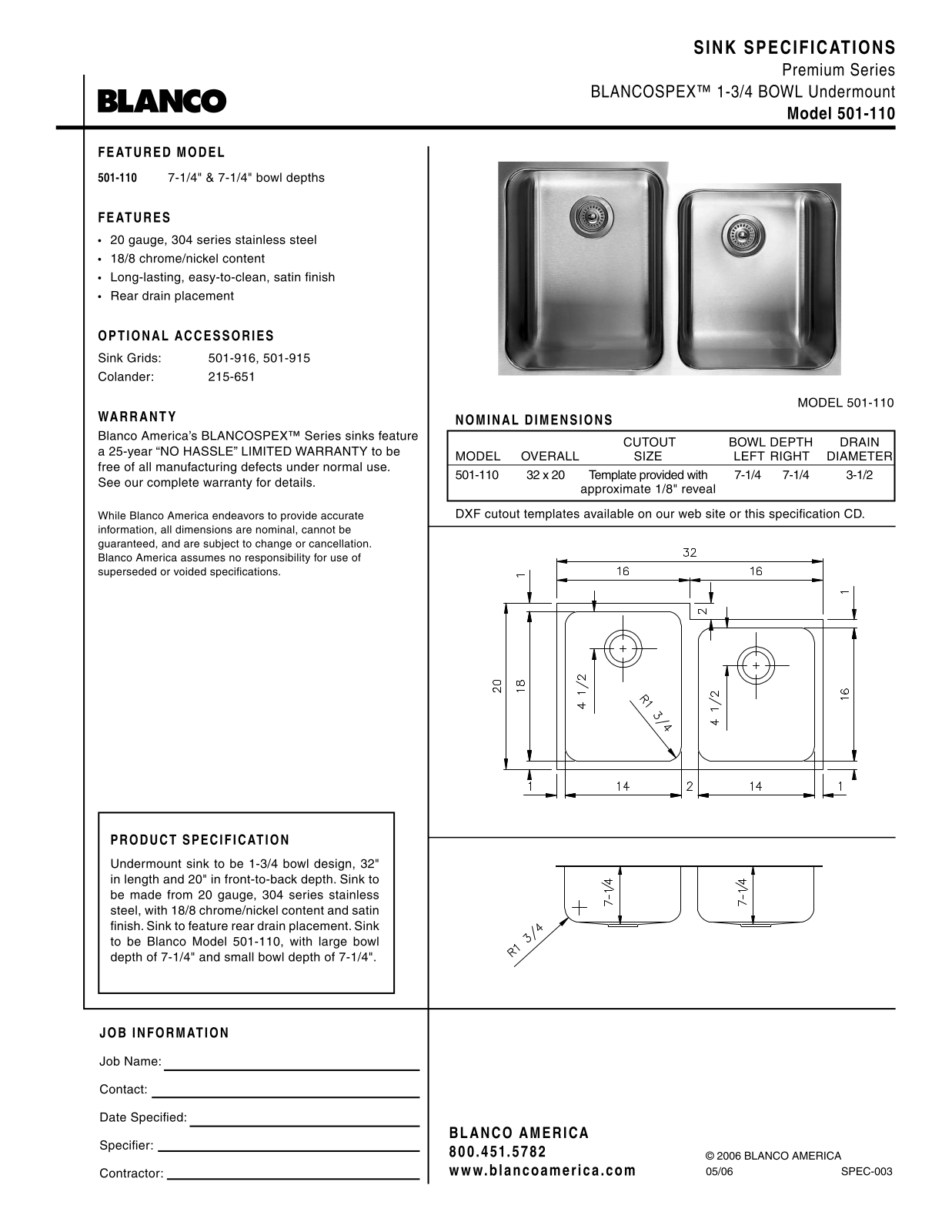 Blanco 221206 Specs