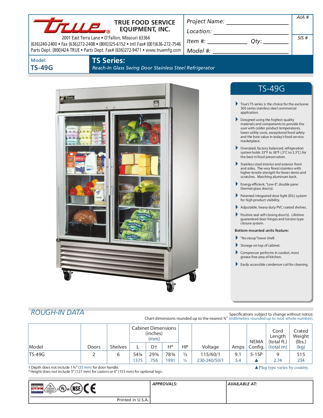 True TS-49G Specifications