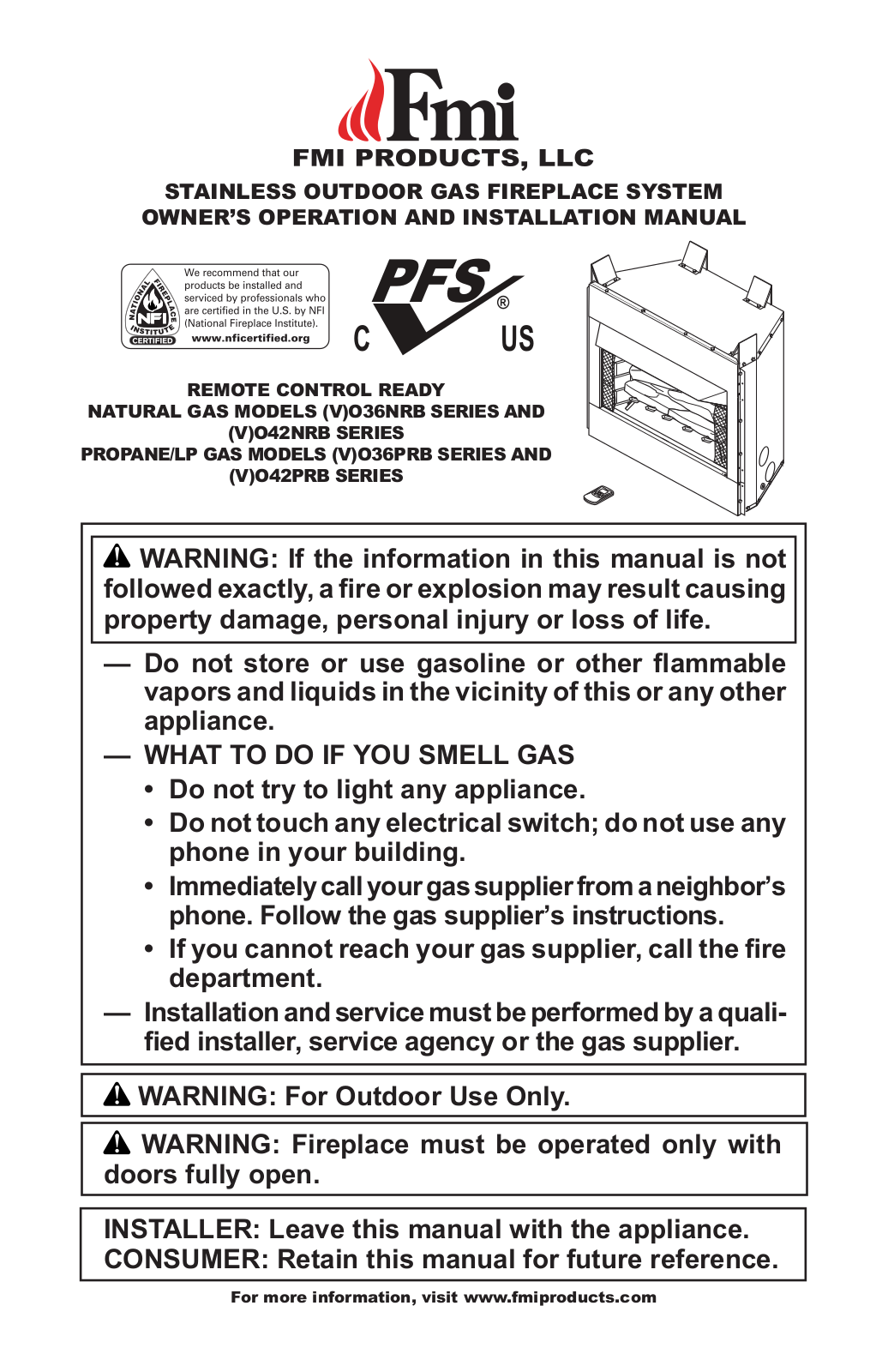 FMI VO36NRB, VO36PRB, VO36PRHB, VO36NRR, VO36NRHB Owner's Operation And Installation Manual