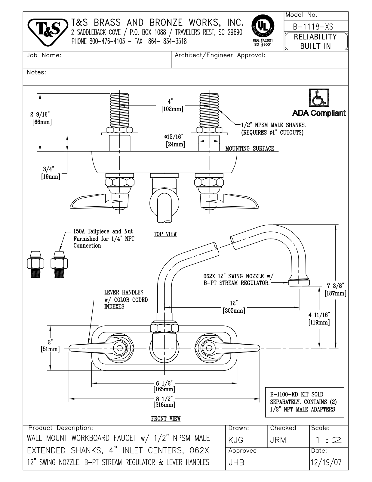 T&S Brass B-1118-XS User Manual