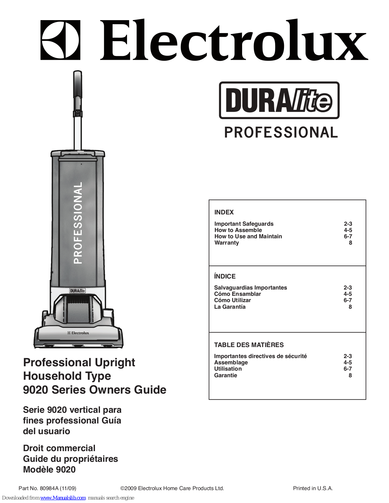 Electrolux Duralite Professional, Duralite Professional 9020 Series Owner's Manual