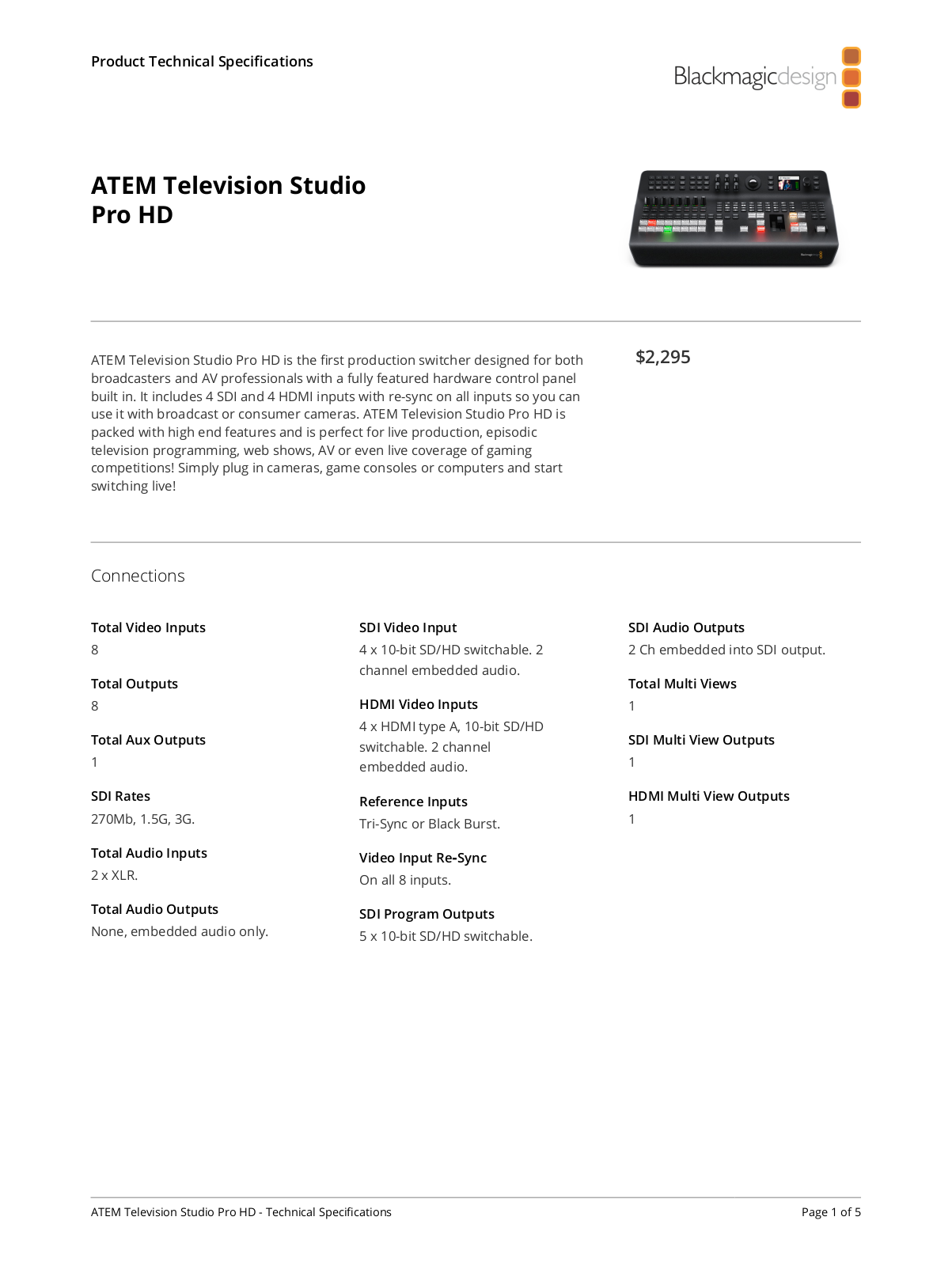 Blackmagic Design ATEM Television Studio Pro HD Specifications