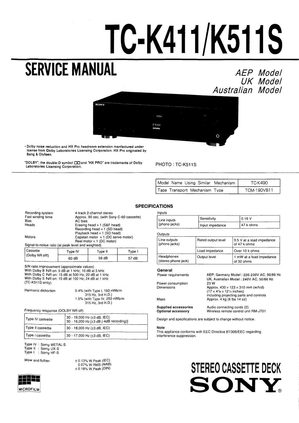 Sony tc-k411, tc-k511s Service Manual