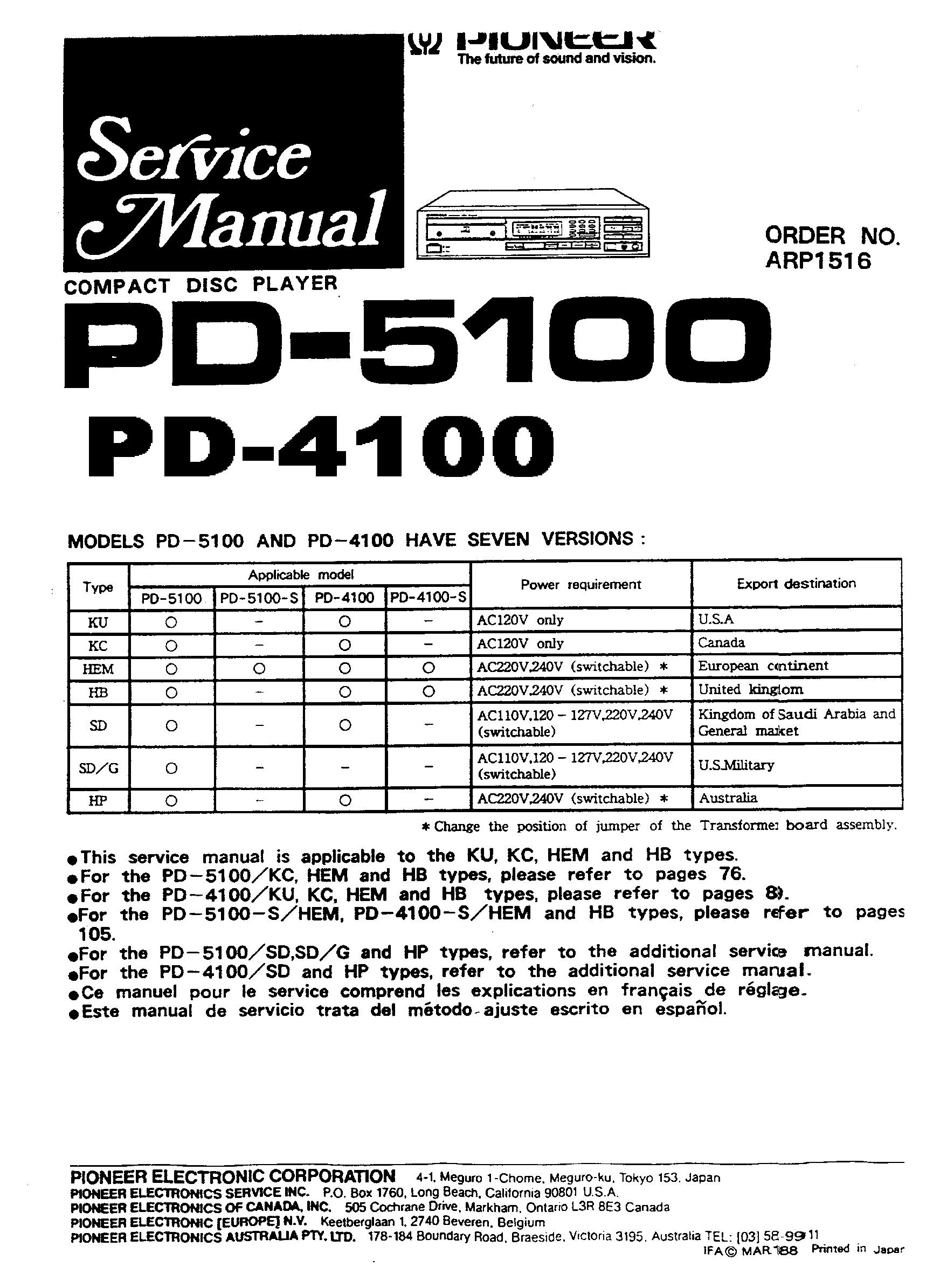 Pioneer PD-5100, PD-4100 Service manual