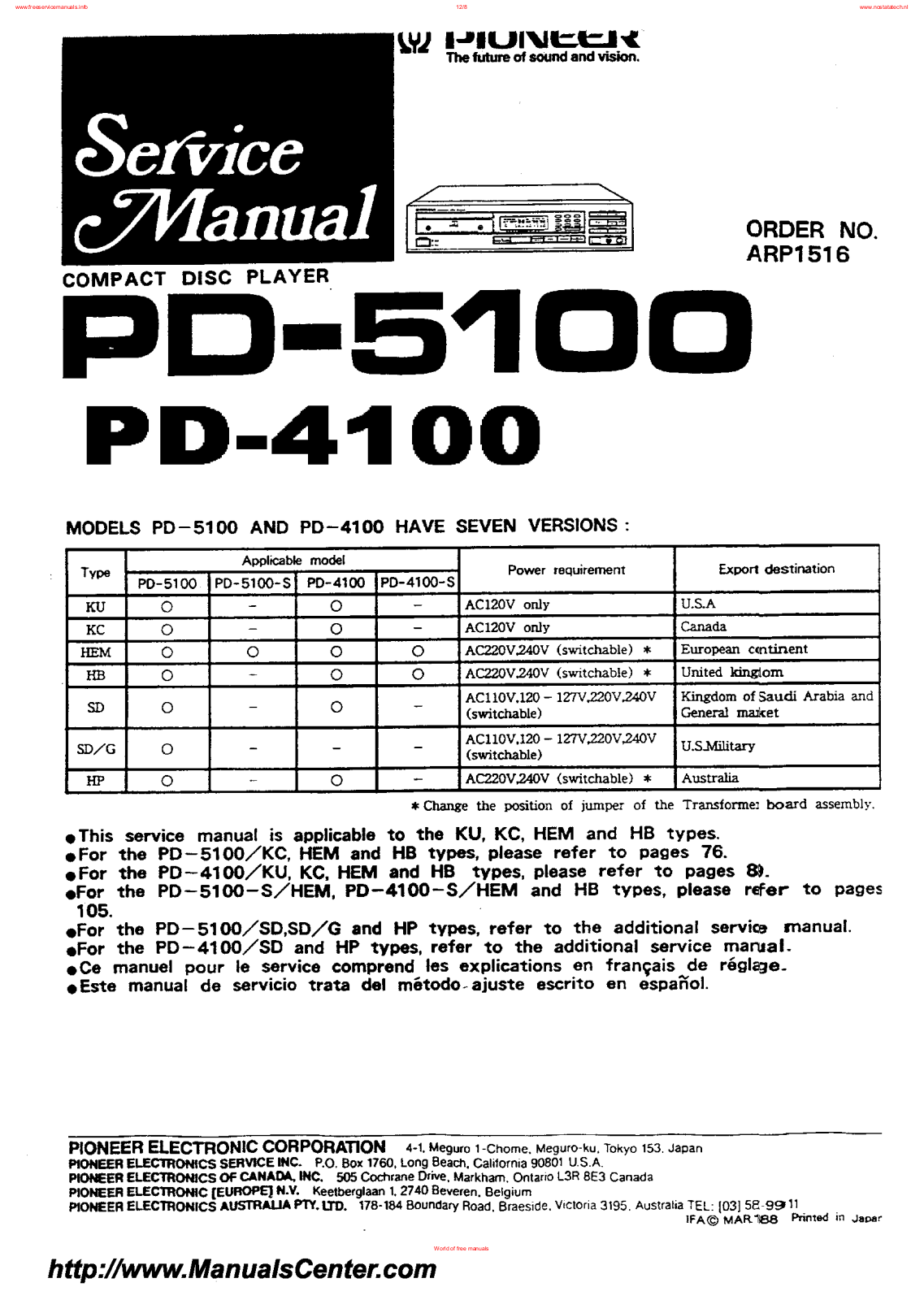 Pioneer PD-5100, PD-4100 Service manual