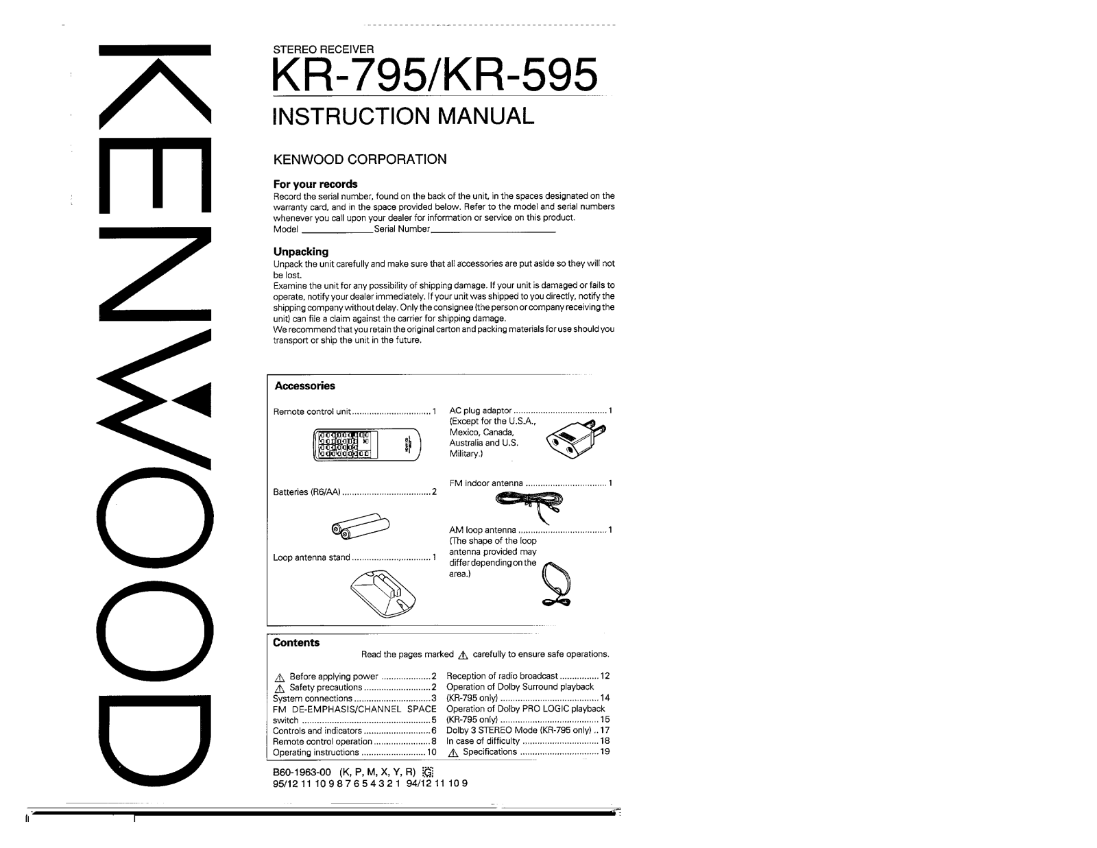 Kenwood KR-795, KR-595 Owner's Manual