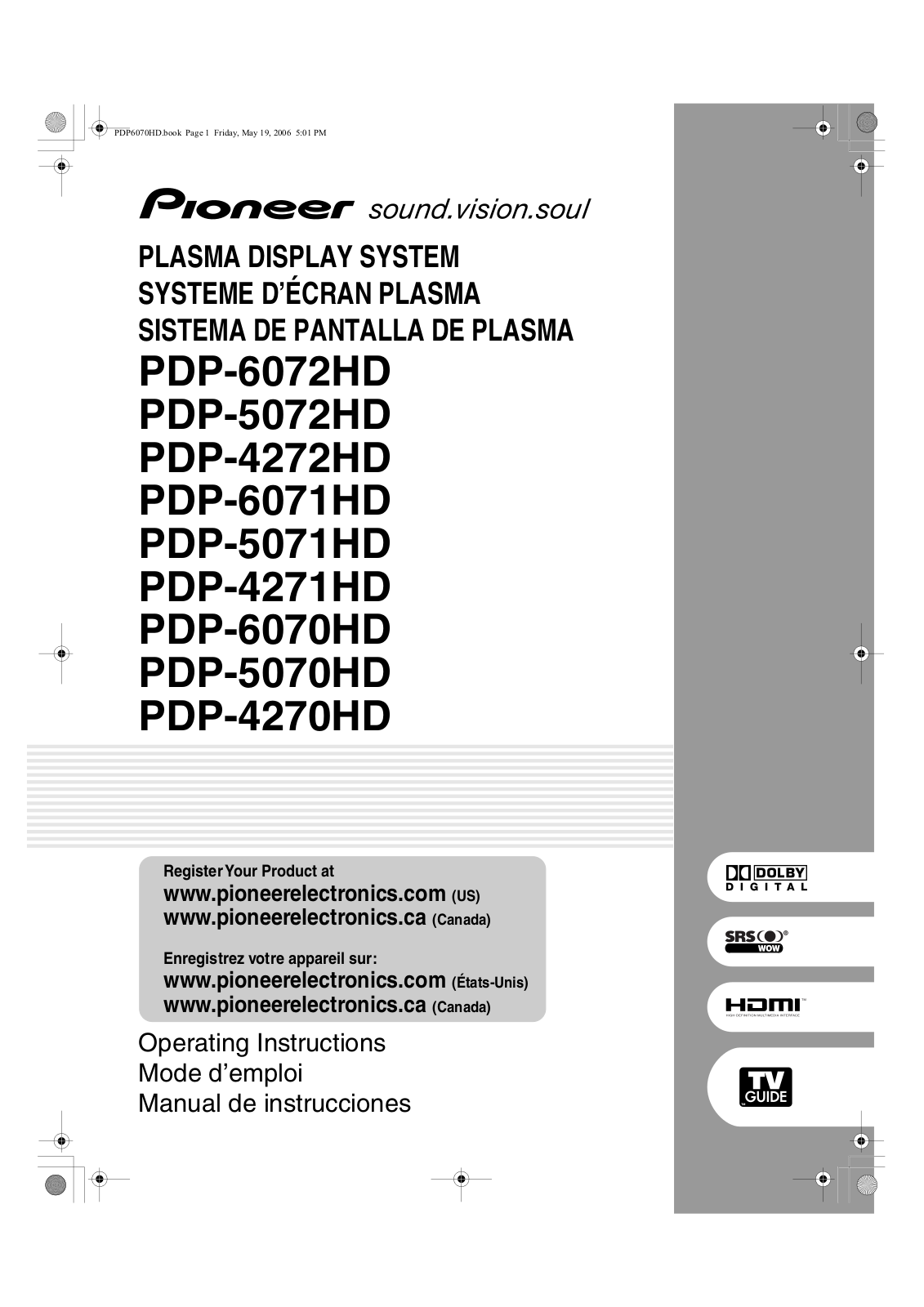 Pioneer PDP-6070HD, PDP-5071HD, PDP-5072HD, PDP-6072HD, PDP-6071HD User Manual