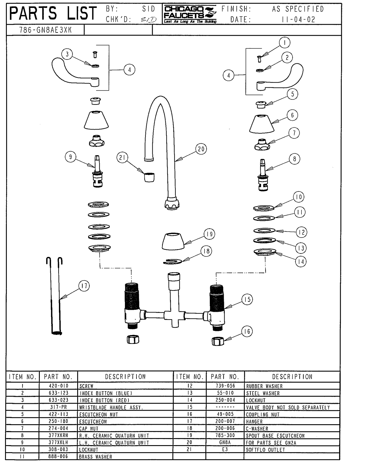 Chicago Faucet 786-GN8AE3XK Parts List