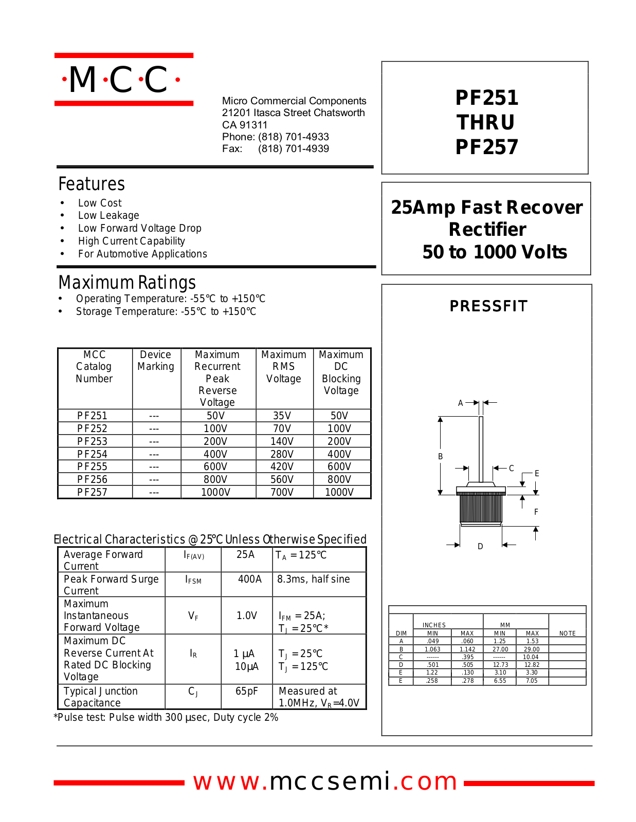 MCC PF251, PF252, PF253, PF254, PF255 Datasheet